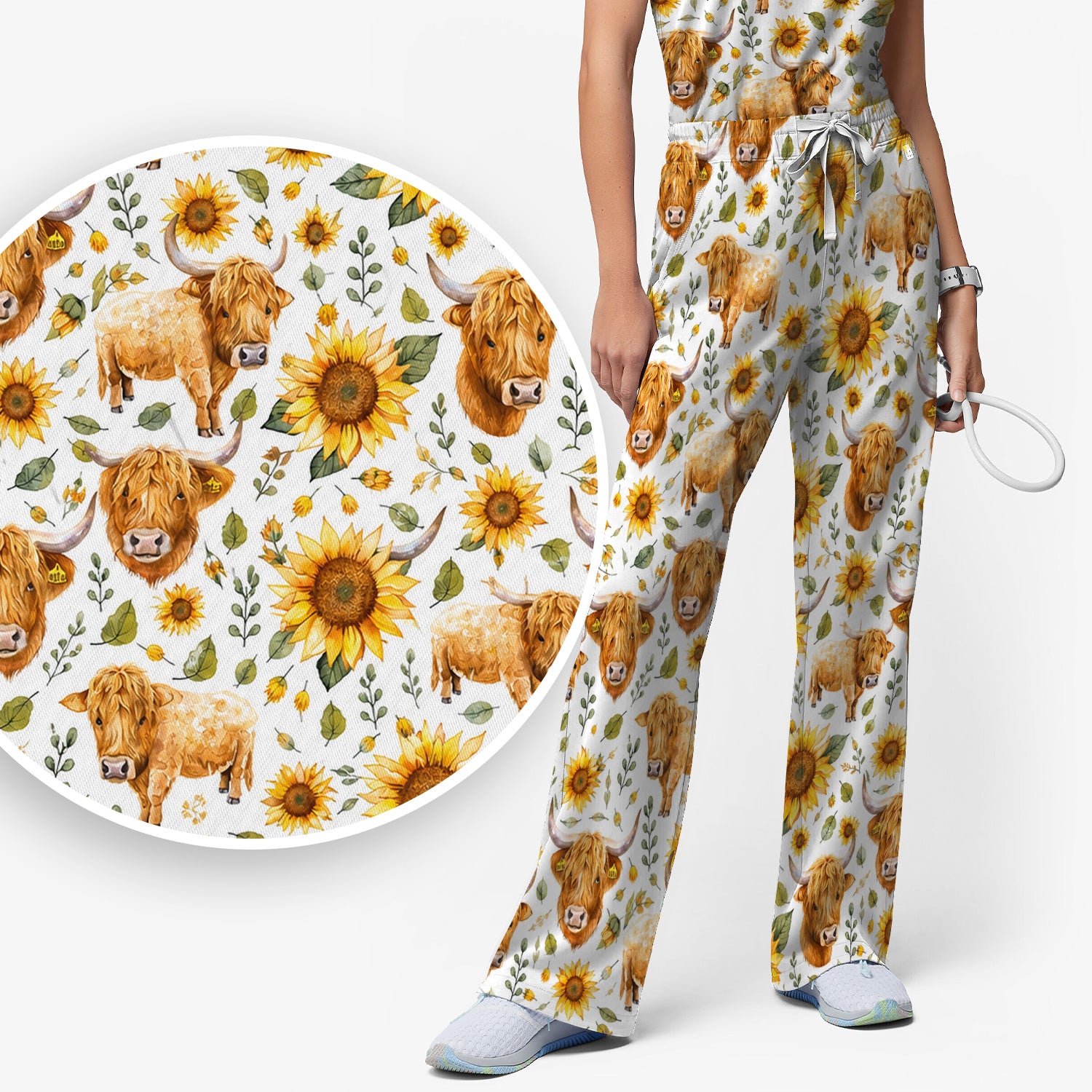 Highland Cow Sunflower Pattern Scrub Set, Scrub Pants and V Neck Top