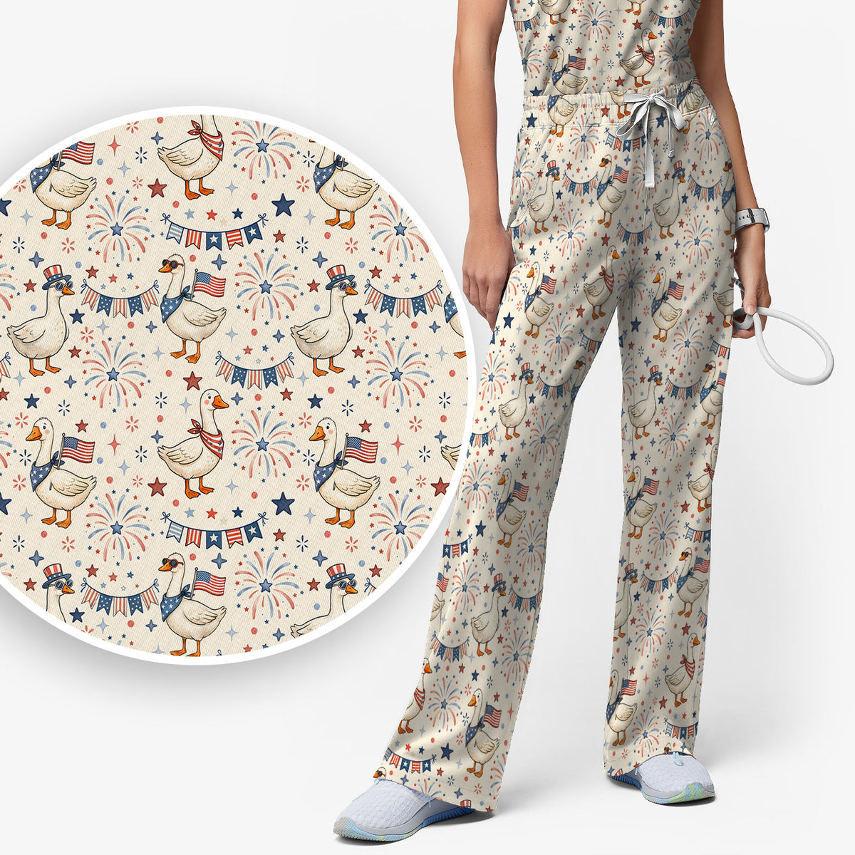 Patriotic Goose Fourth Of July Pattern Scrub Set, Scrub Pants and V Neck Top