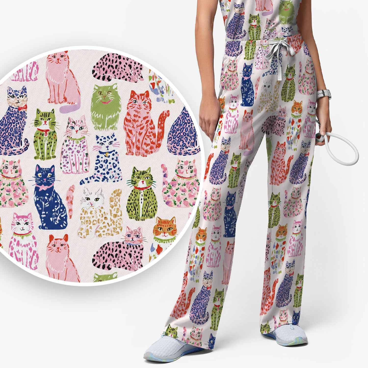 Colorful Cat with Playful Pet Scrub Set, Scrub Pants and V Neck Top