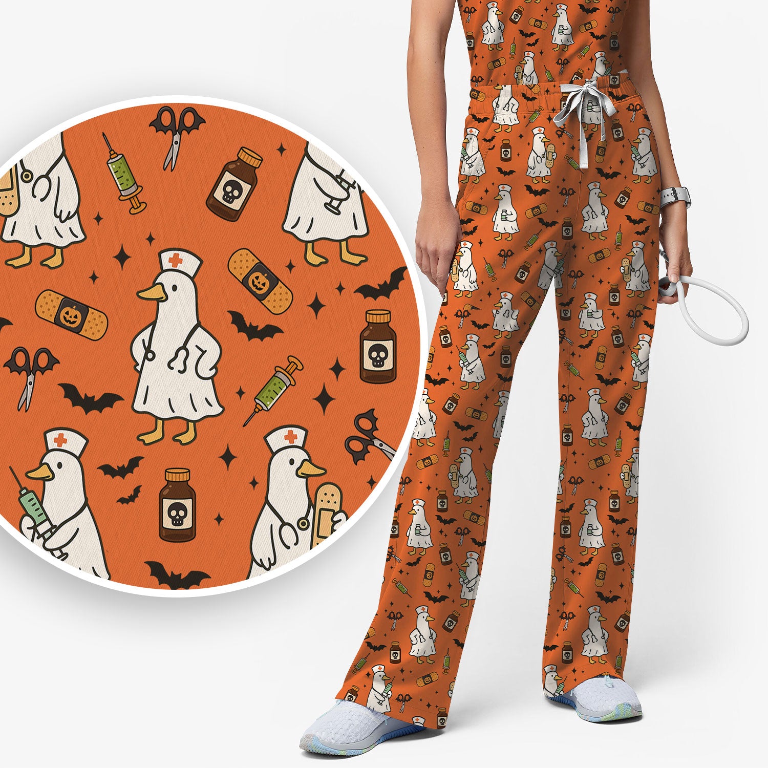 Goose Halloween Nurse Scrub Set - Quirky Duck Medical Pattern - Funny Spooky Nursing Outfit Gift for Women RN LPN CNA
