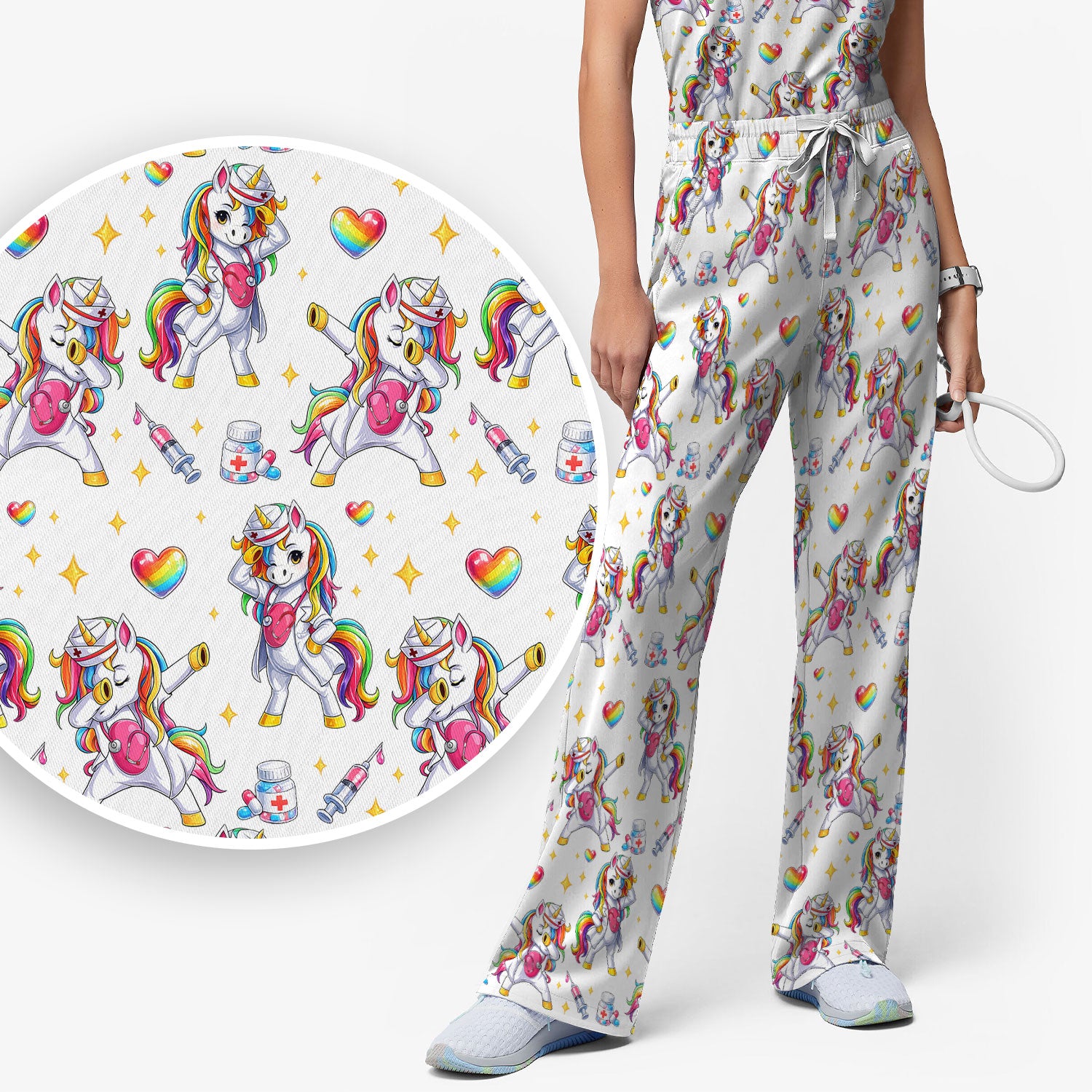 Playful Nurse Unicorn Rainbow Pattern Scrub Set, Breathable Med Uniform