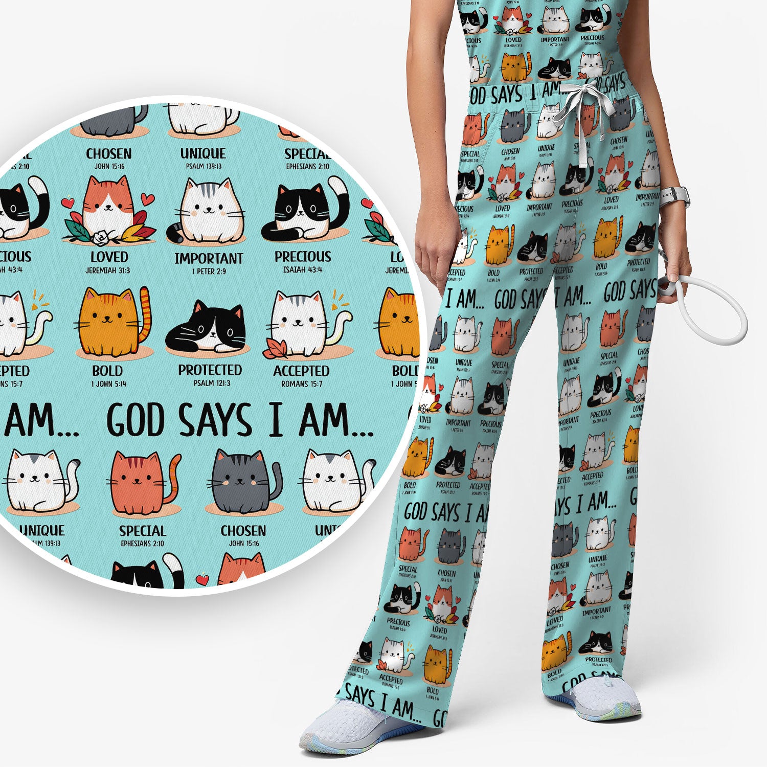 Cute Christian Cat God Says I Am Women's Scrub Set, Breathable Med Uniform