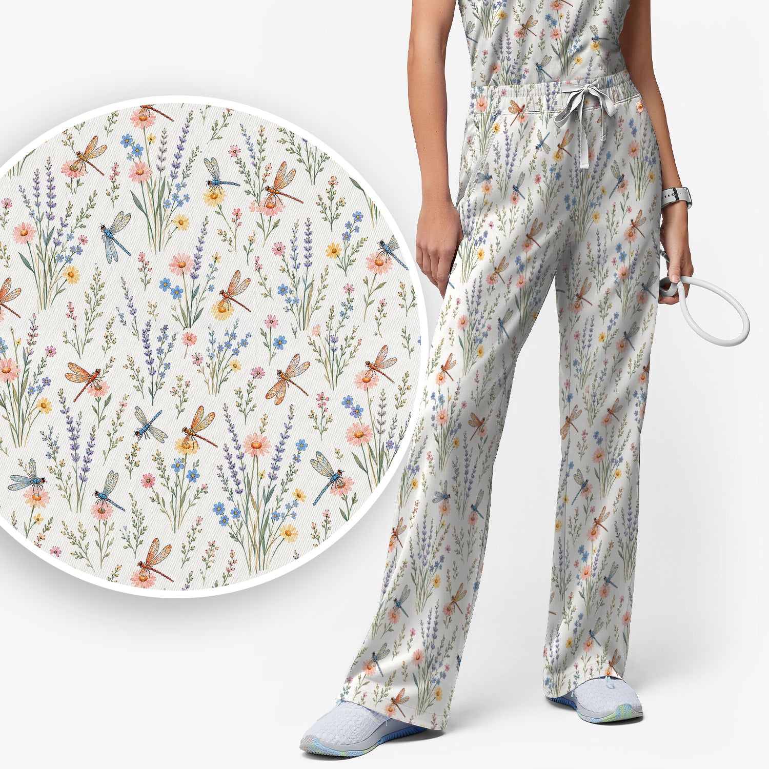 Dragonfly Wildflower Meadow Pattern Scrub Set, Scrub Pants and V Neck Top