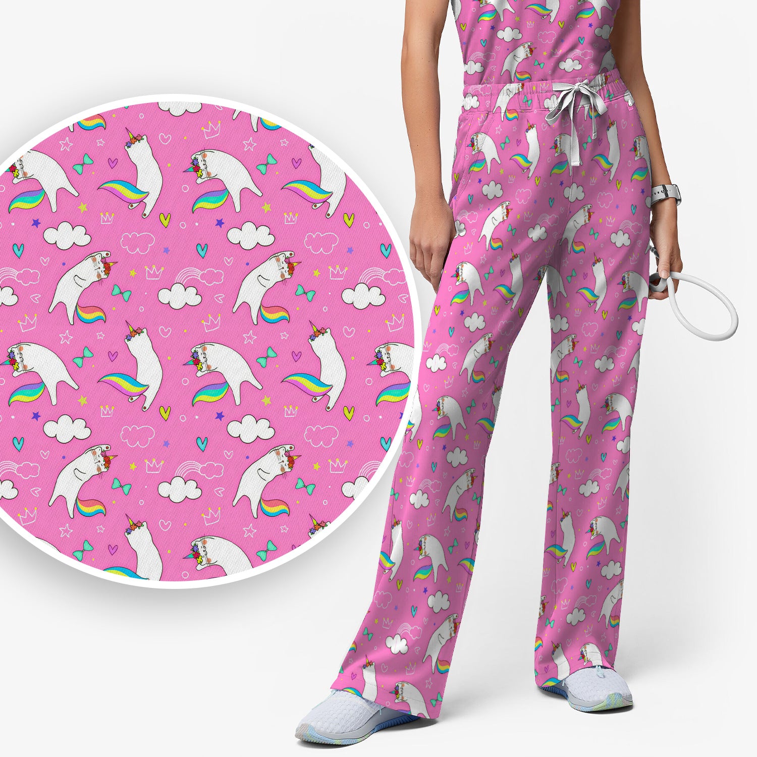 Unicorn Cat With Rainbow Tail Clouds Scrub Set, Scrub Pants and V Neck Top