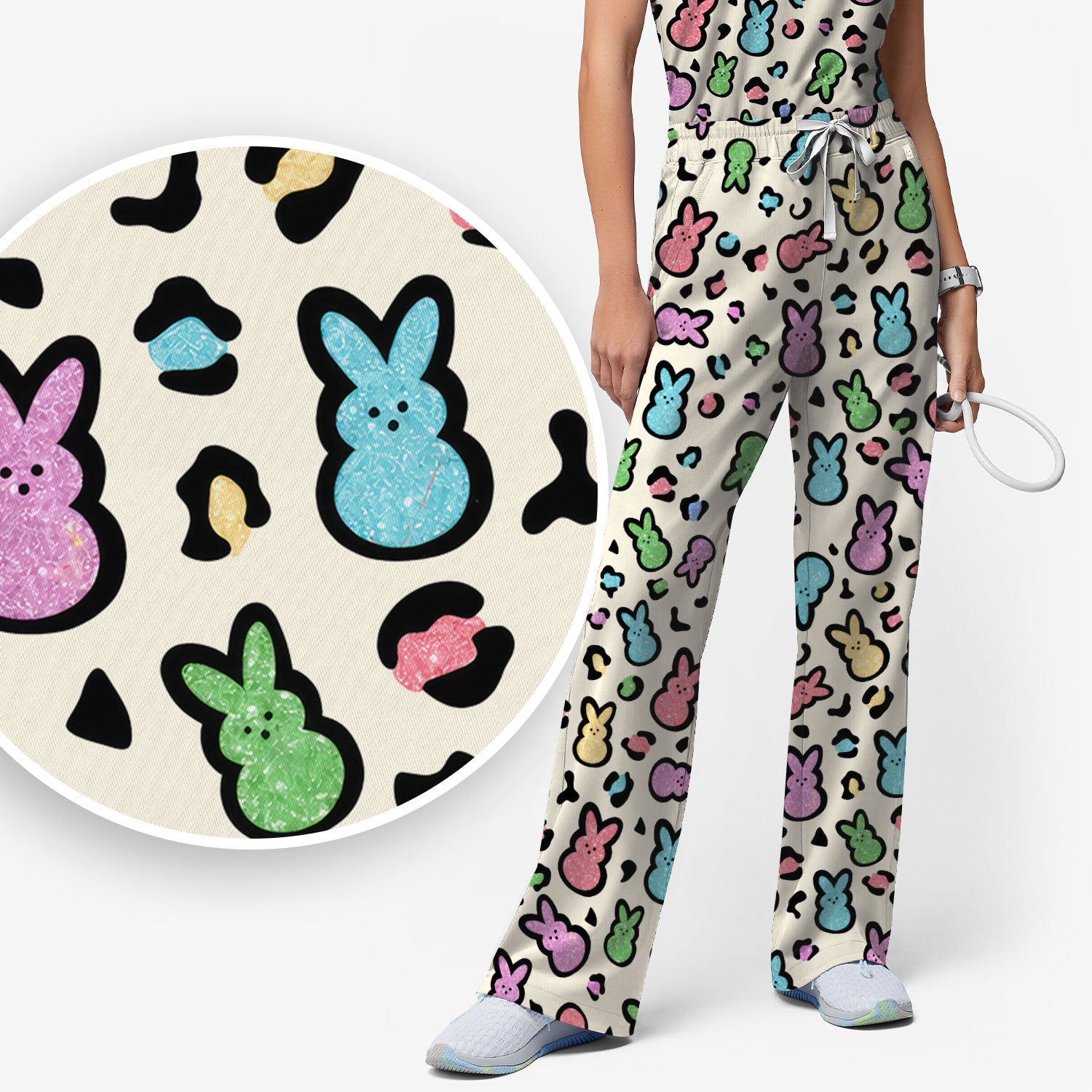 Cute Easter Bunny Pastel Pattern Scrub Set, Scrub Pants and V Neck Top