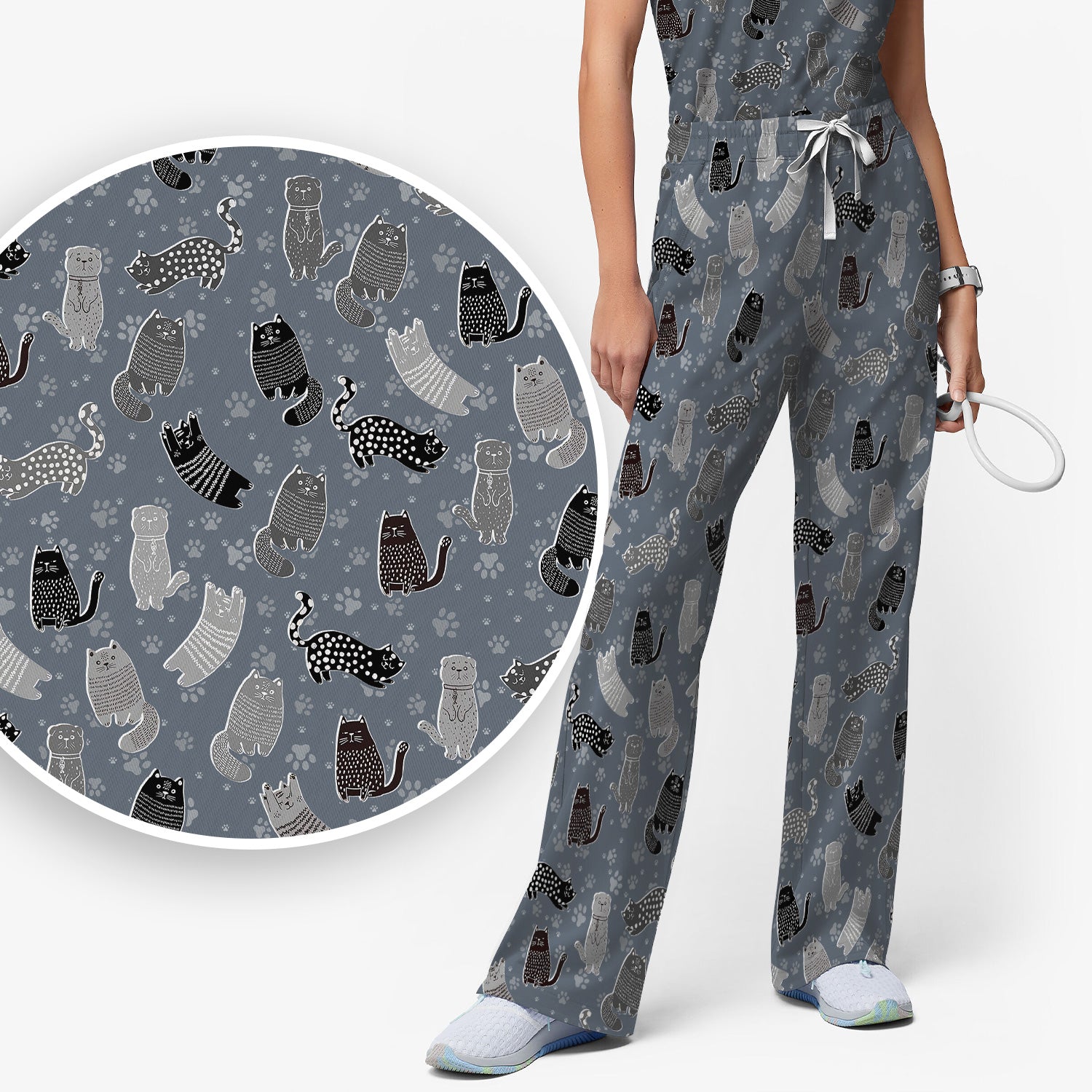 Cute Cat and Paw Print Pattern Scrub Set, Breathable Med Uniform