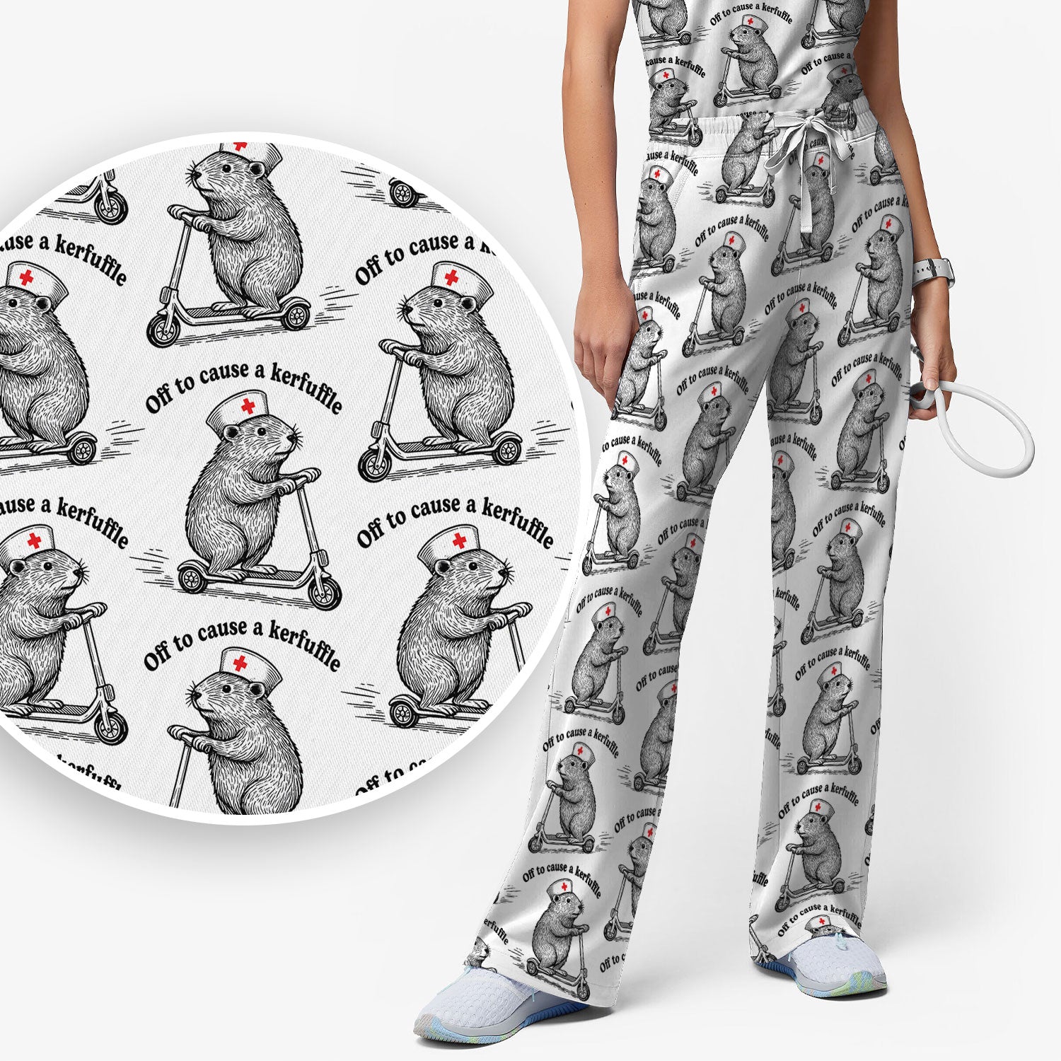 Funny Nurse Mouse Scooter Print Women's Scrub Set, Scrub Pants and V Neck Top