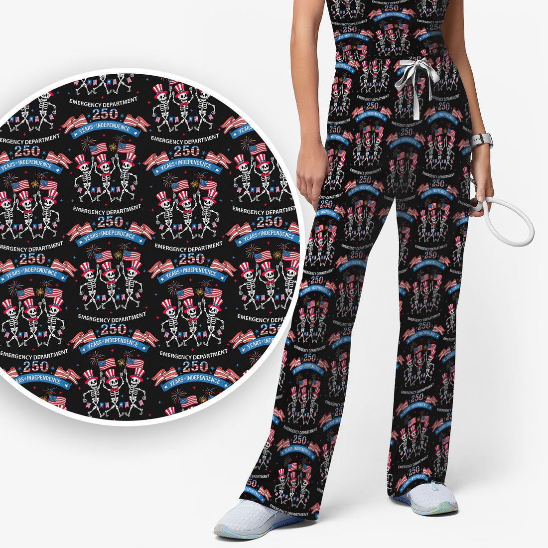 Patriotic Skeleton 250 Years ER Print Scrub Sets, Breathable Med Uniform