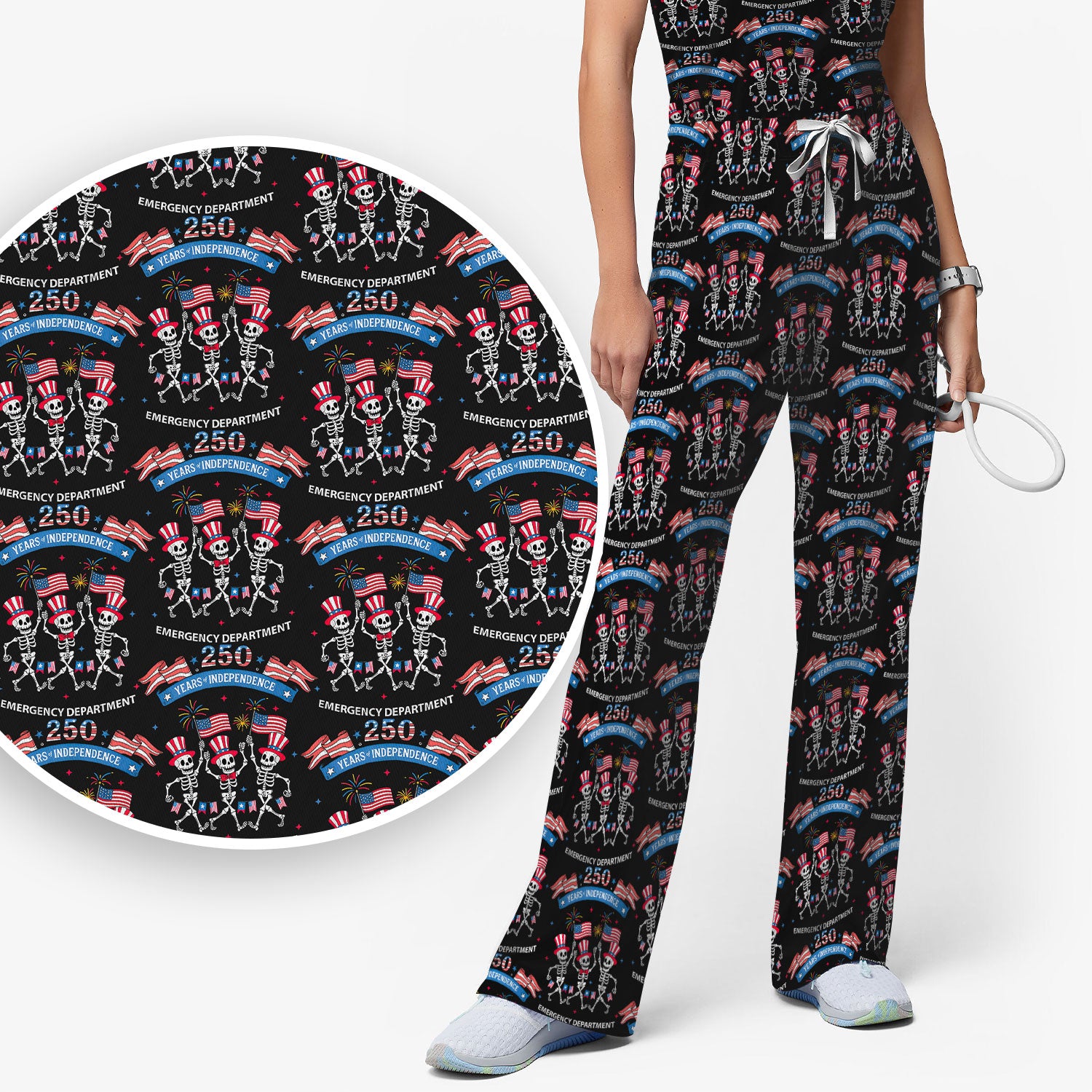 Patriotic Skeleton 250 Years ER Print Scrub Sets, Breathable Med Uniform