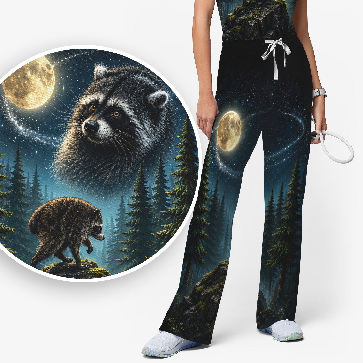 Raccoon On A Moonlit Branch Print Scrub Set, Scrub Pants and V Neck Top