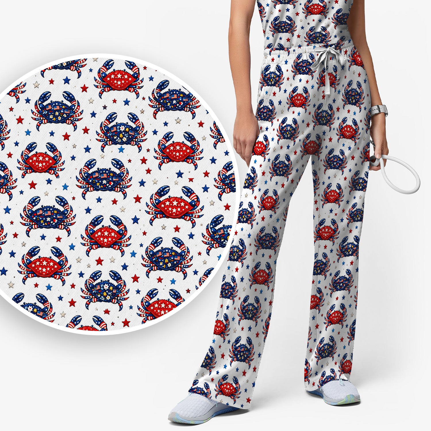 Patriotic Crab Stars Pattern Scrub Set, Scrub Pants and V Neck Top