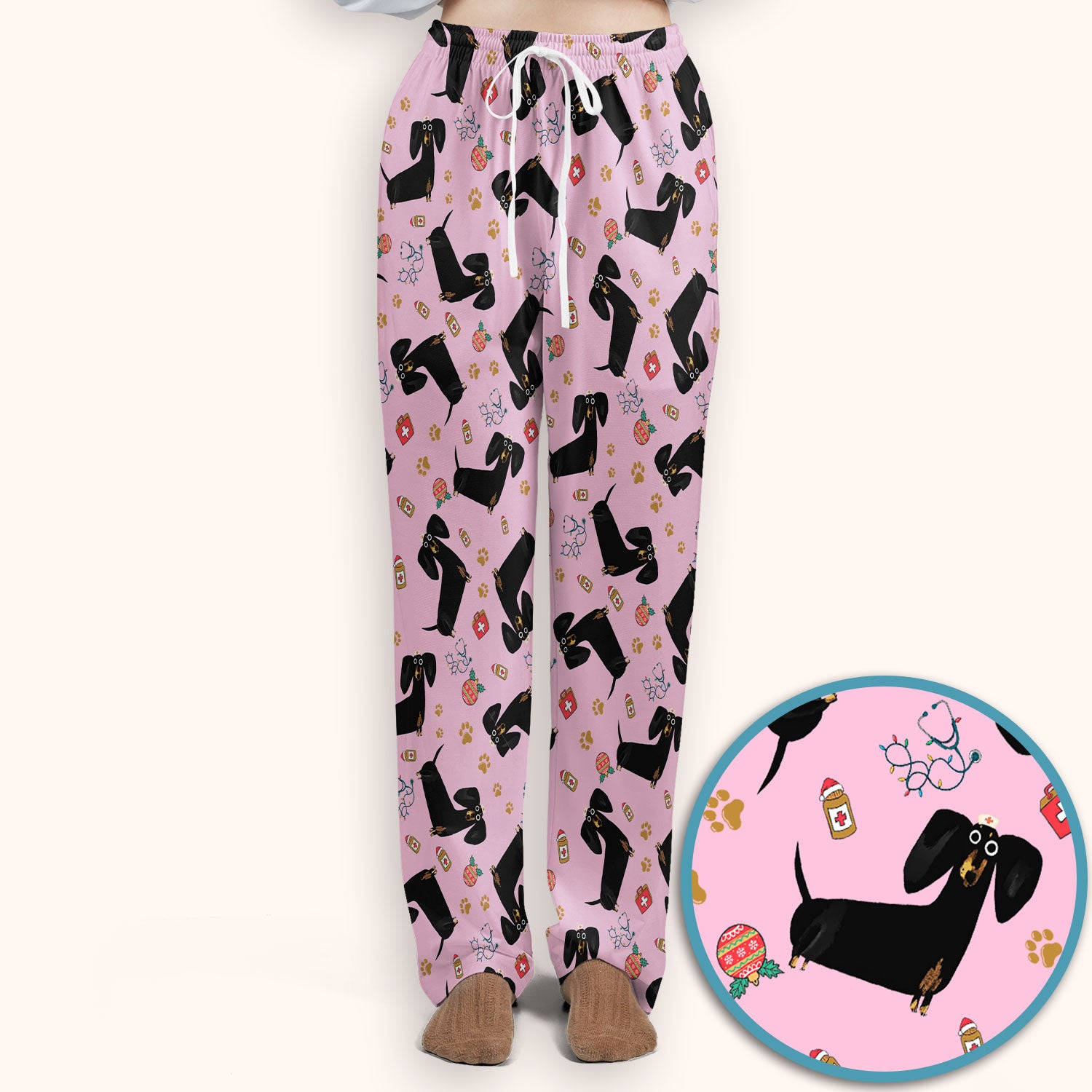 Funny Black Dachshund Scrub Set for Nurses - Cute Wiener Dog Scrubs Pants and V Neck Top - Puppy Lover Nursing Gift for Women