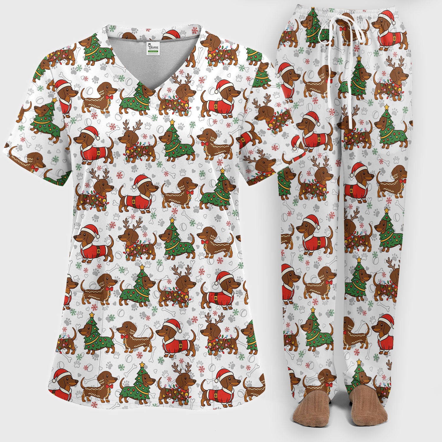 Christmas Weenie Dog Scrub Sets - Xmas Dachshund Scrub Pants - Cute Sausage Puppy V Neck Top - Ugly Sweater for Pet Lover