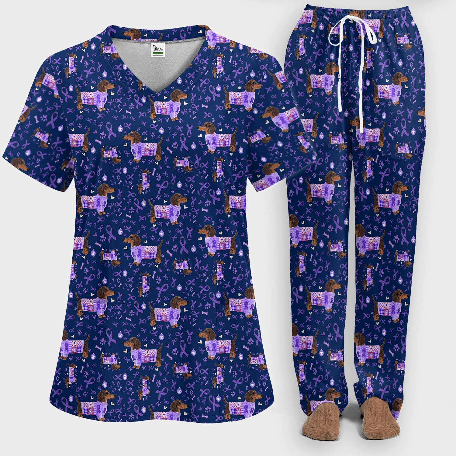 Wiener Dog Purple Ribbon Cancer Awareness Scrub Sets - Dachshund Nursing Uniform - Comfortable Scrubs for Nurses