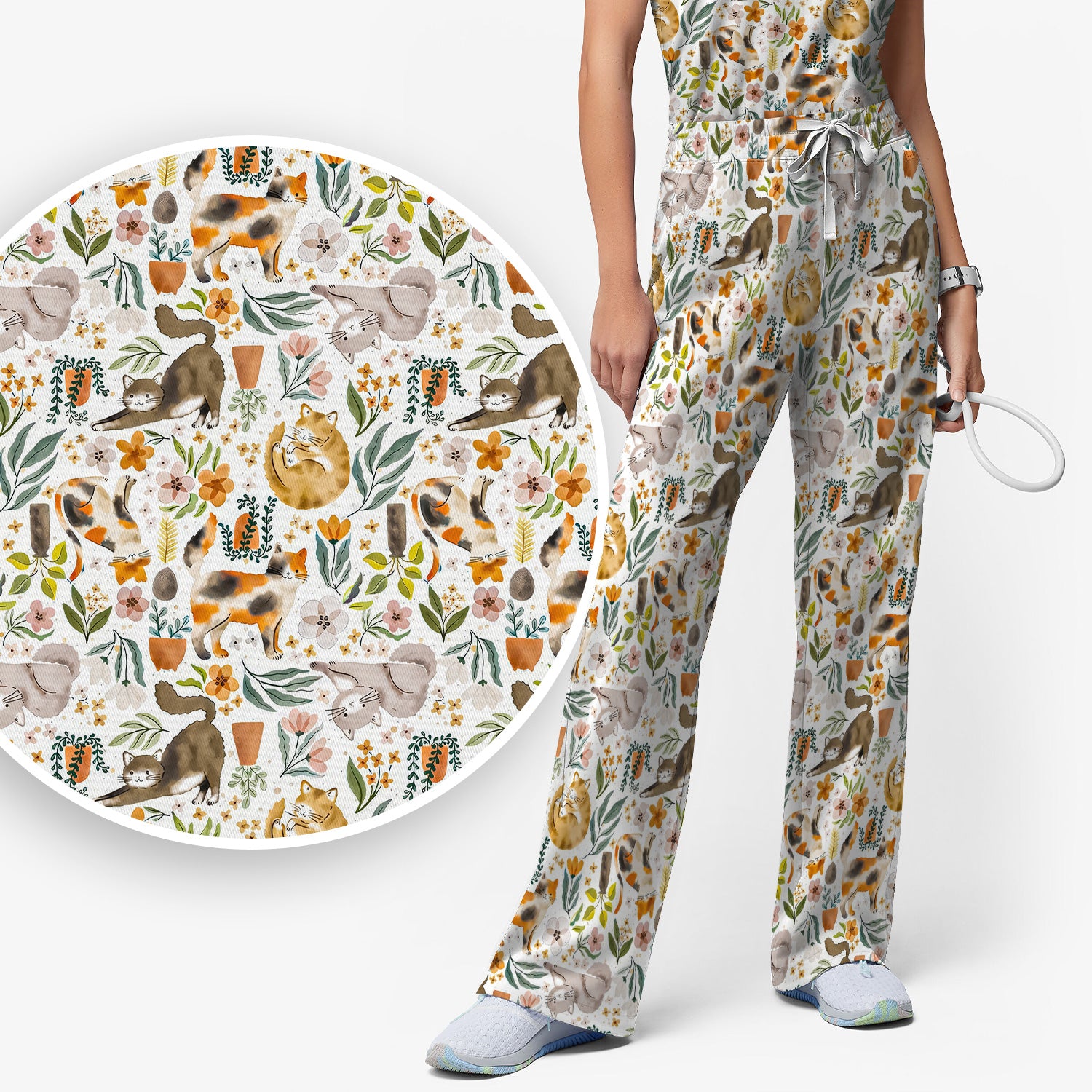 Cat Wildflower Garden Floral Pattern Scrub Set, Scrub Pants and V Neck Top