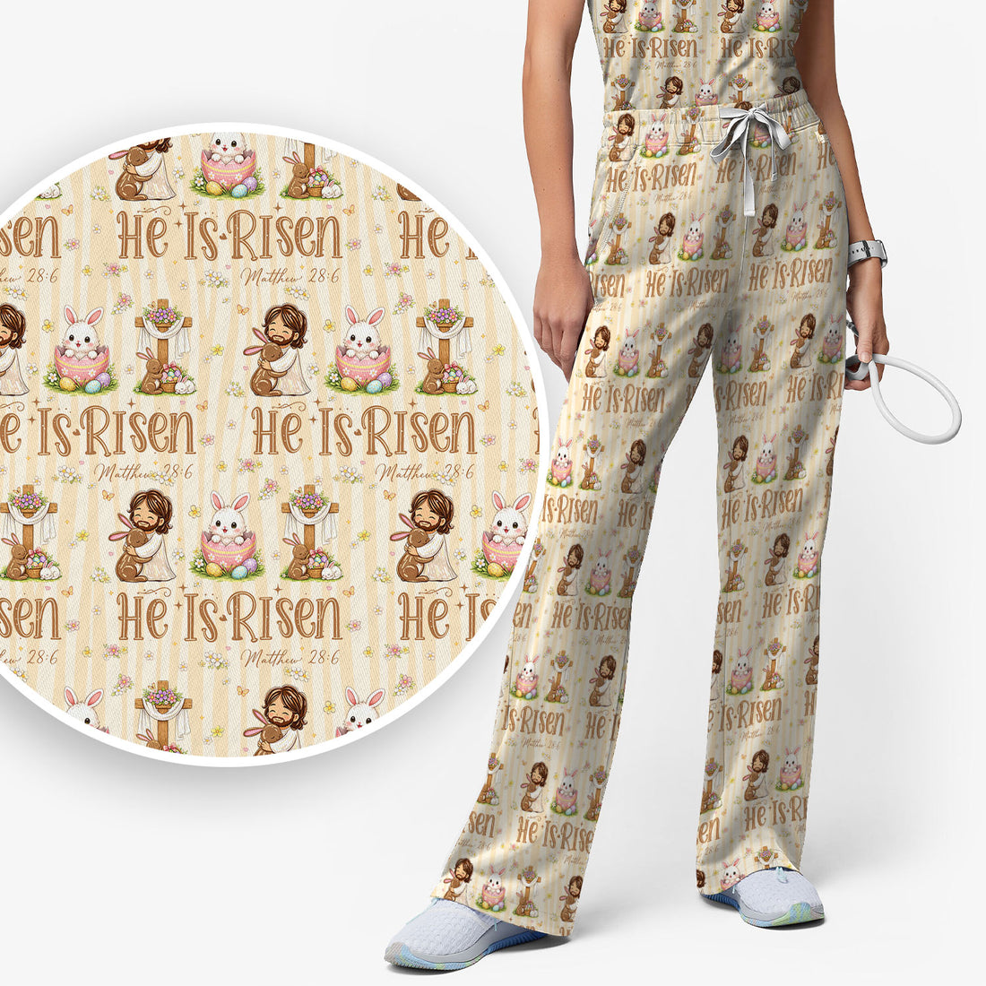 He Is Risen Jesus Easter Print Sets, Scrub Pants and V Neck Top
