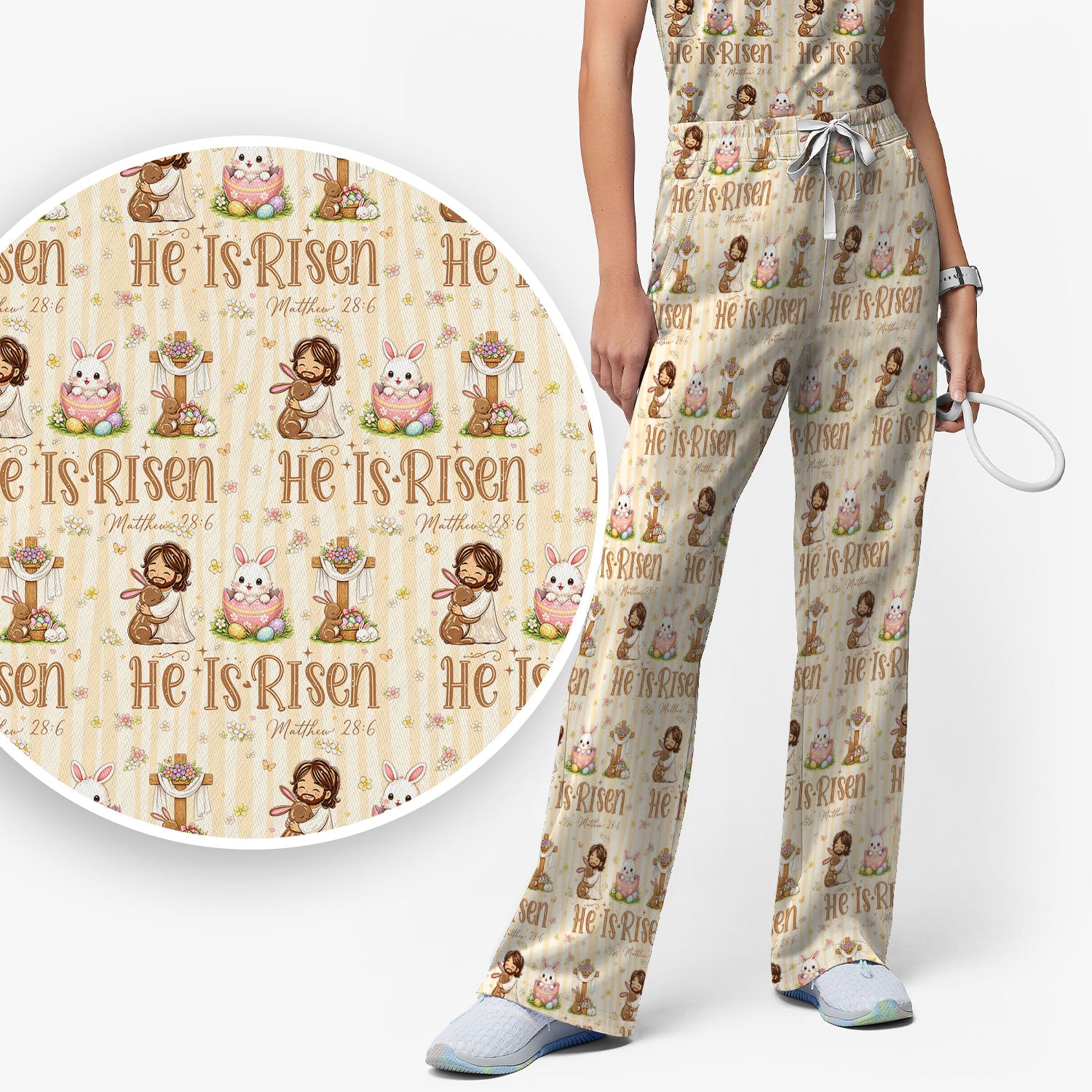 He Is Risen Jesus Easter Print Sets, Scrub Pants and V Neck Top