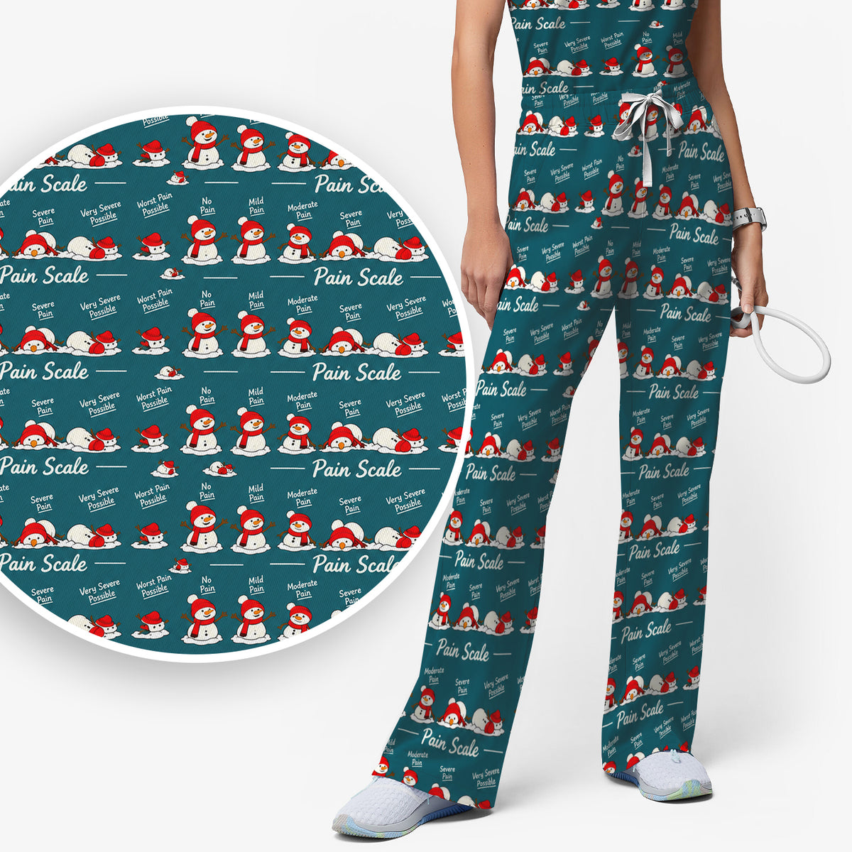 Funny Christmas Snowman Pain Scale Scrub Set, Scrub Pants and V Neck Top