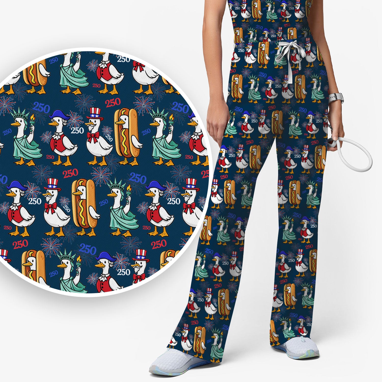 Patriotic Duck Independence Day Pattern Scrub Set, Scrub Pants and V Neck Top