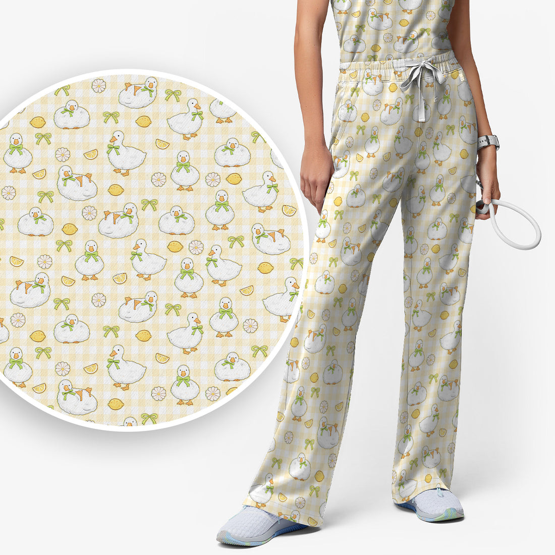 Adorable Ducks Lemon Daisy Pattern Scrubs Sets, Scrub Pants and V Neck Top