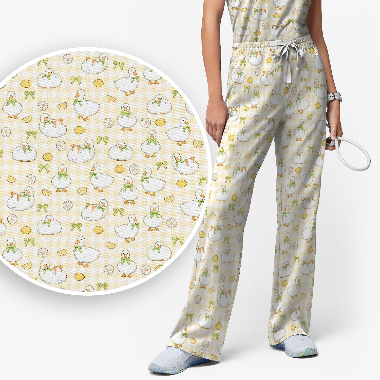 Adorable Ducks Lemon Daisy Pattern Scrubs Sets, Scrub Pants and V Neck Top
