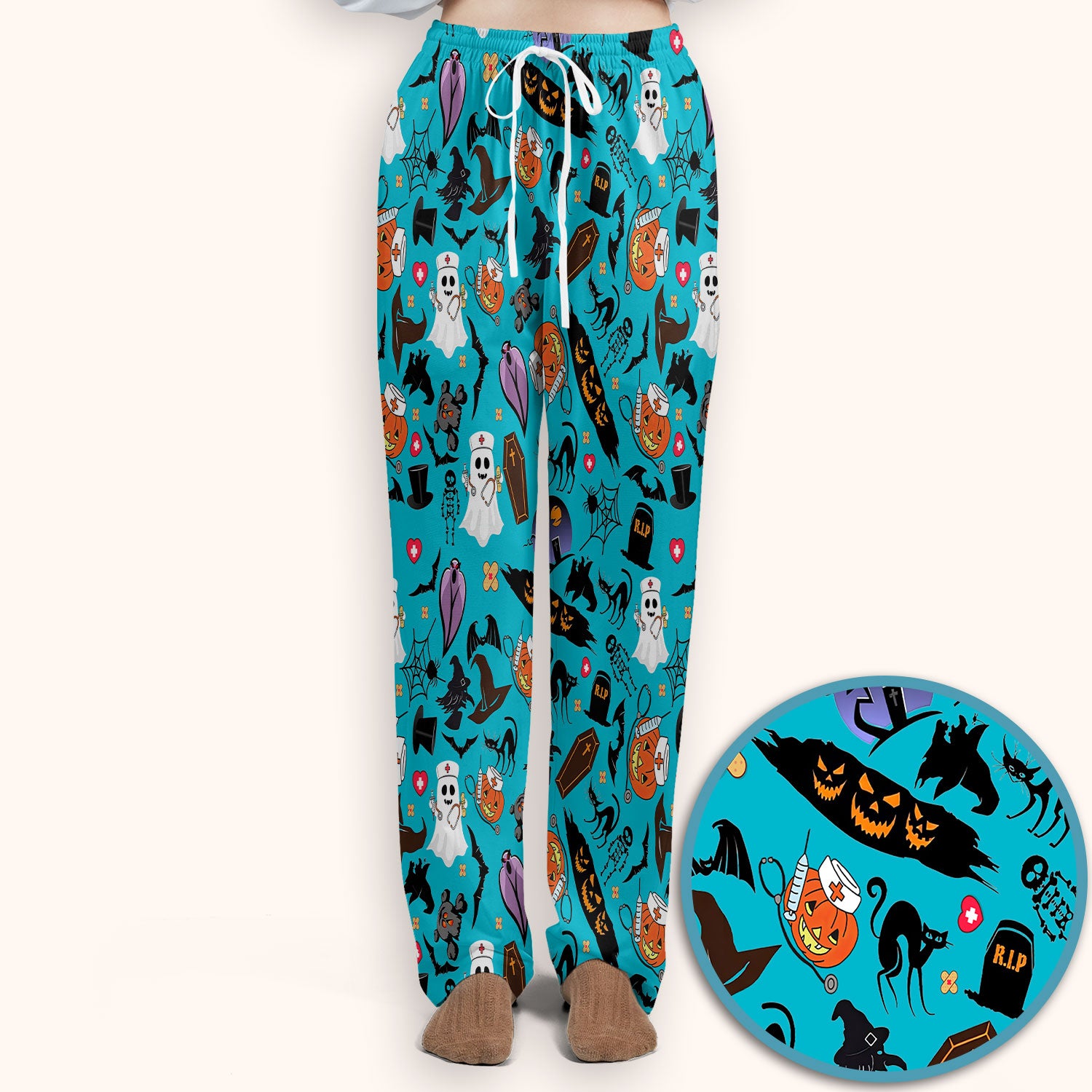 Spooky Halloween Scrub Set - Pumpkin Ghost Bat Nurse Scrubs Pants and V Neck Top - Wicked Witch Medical Uniform for RN CNA LPN