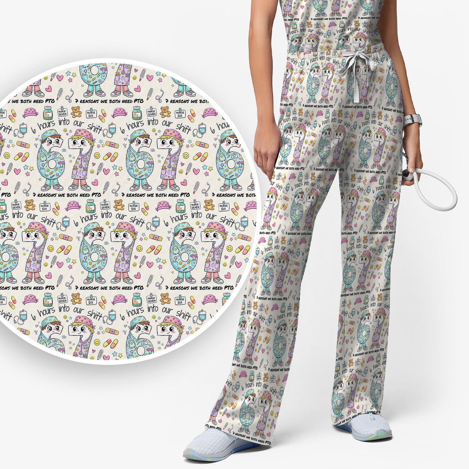 Cartoon Characters Six Hours Into Shift With Medical Doodle Scrub Set, Breathable Med Uniform