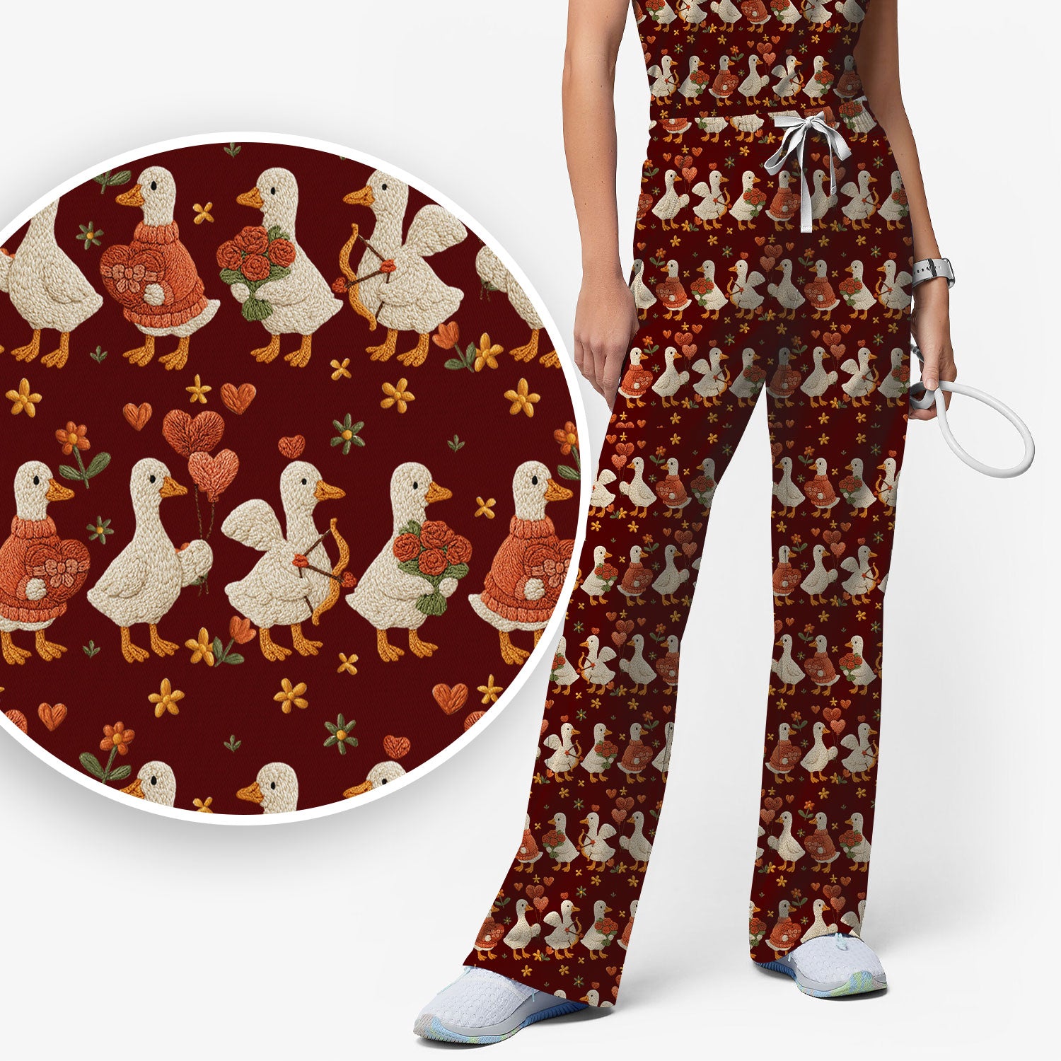 Cute Goose Nurse Scrub Set, Valentine Farm Medical Pattern Shirt, Breathable Fabrics Nursing Uniform