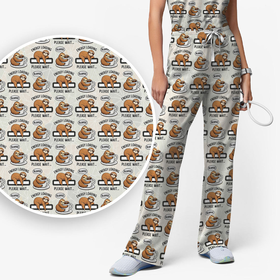 Funny Sloth Coffee Energy Loading Pattern Scrubs Sets, Scrub Pants and V Neck Top