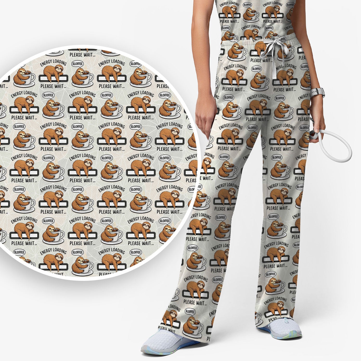 Funny Sloth Coffee Energy Loading Pattern Scrubs Sets, Scrub Pants and V Neck Top