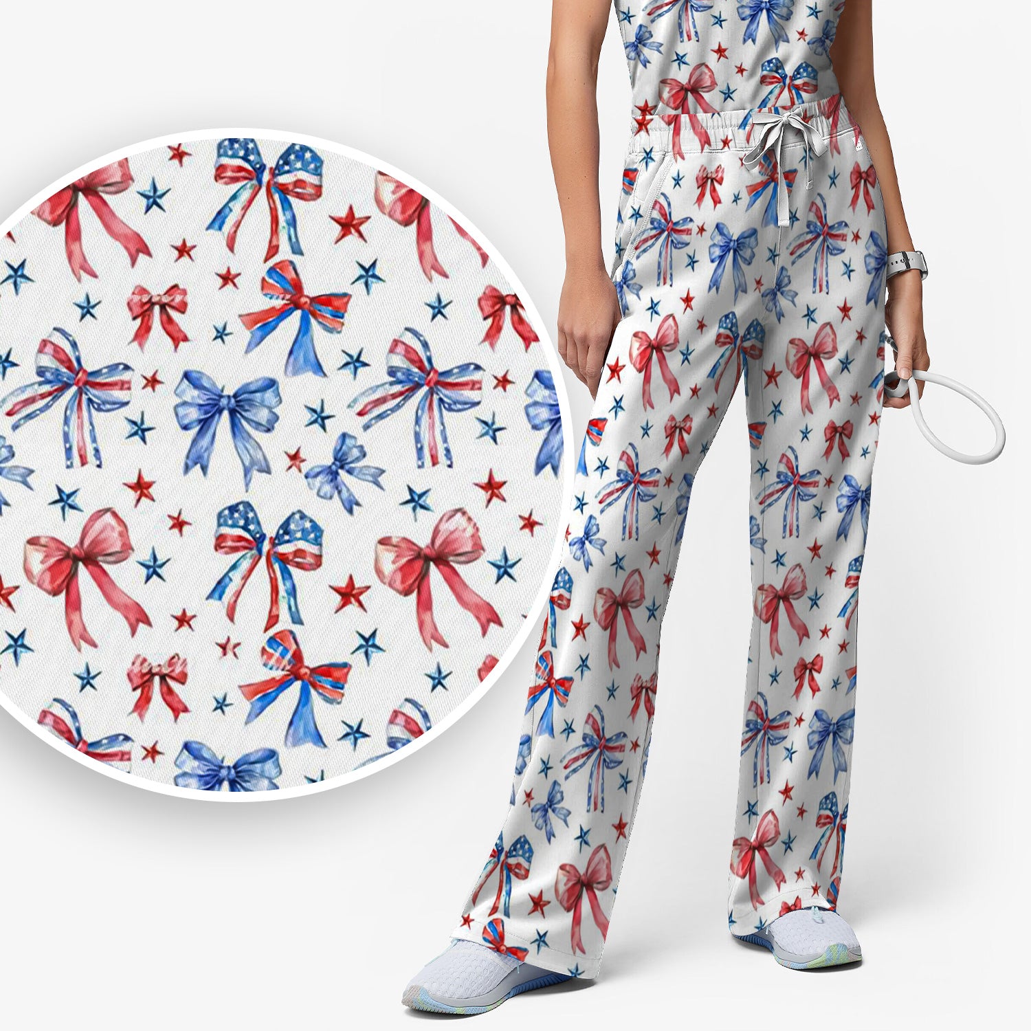 Festive Patriotic Ribbon Bow Star Pattern Scrub Set, Scrub Pants and V Neck Top