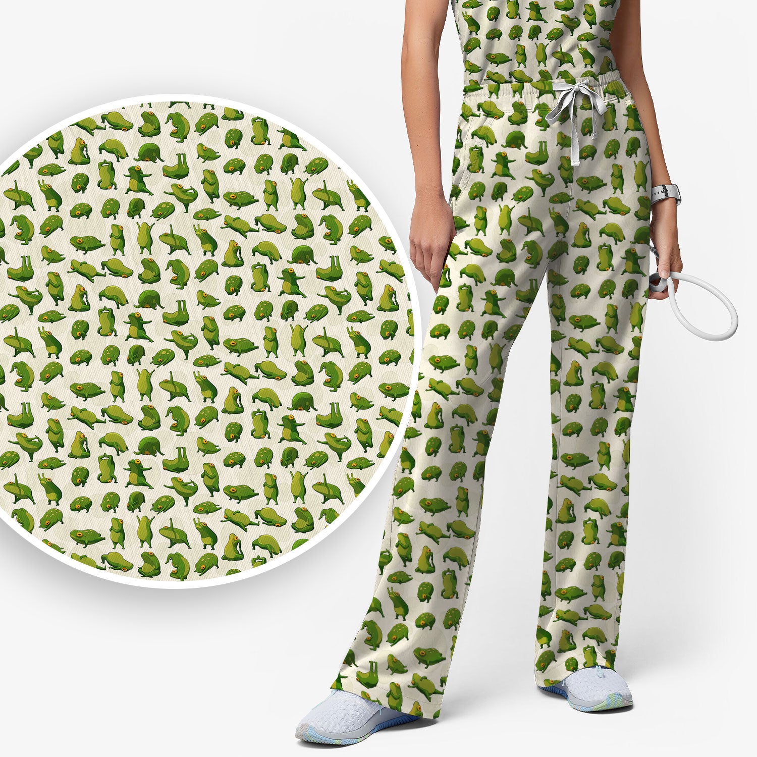 Cute Frog Cartoon Pattern Scrub Set, Breathable Med Uniform