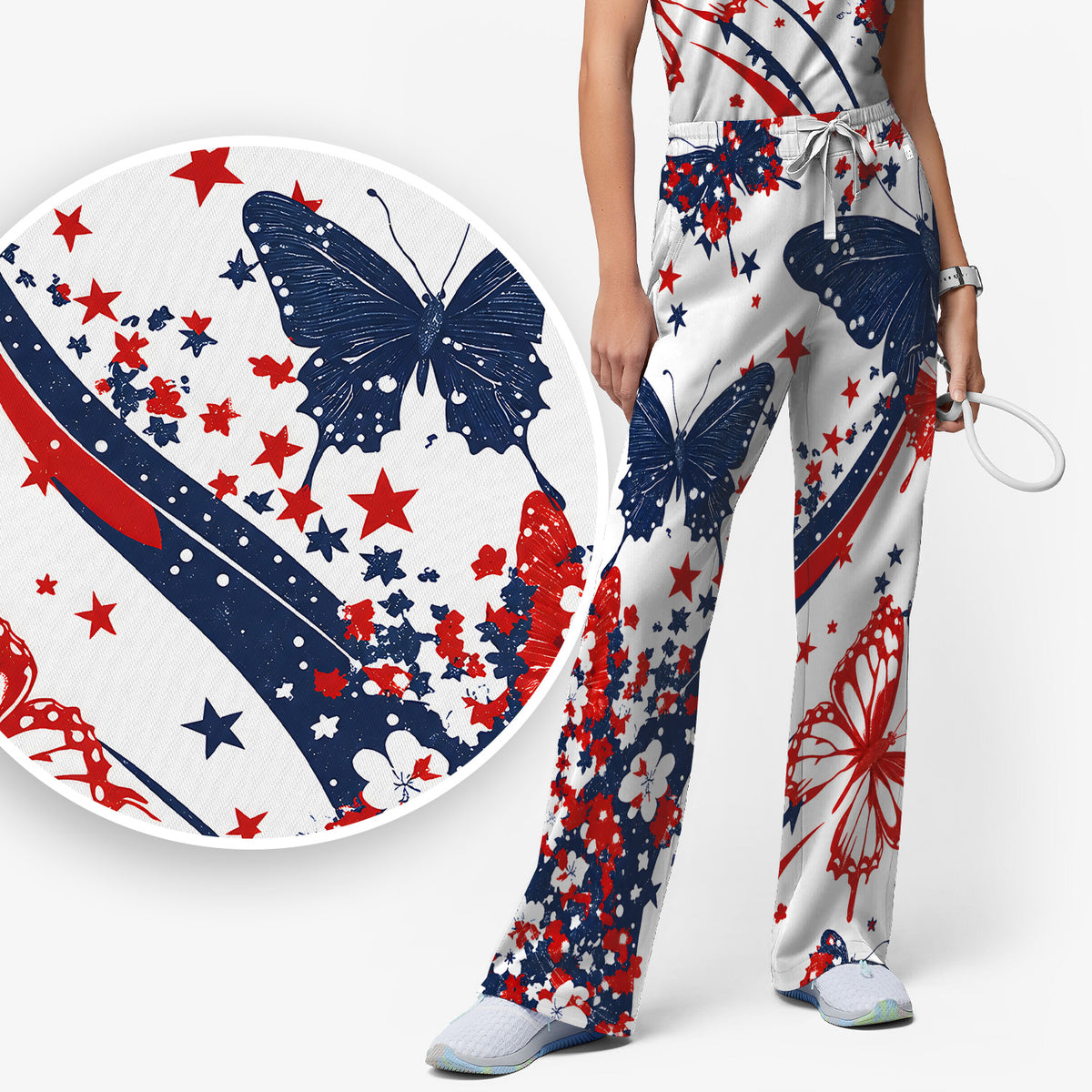Patriotic Butterfly with Red White Blue Stars Scrub Set, Scrub Pants and V Neck Top