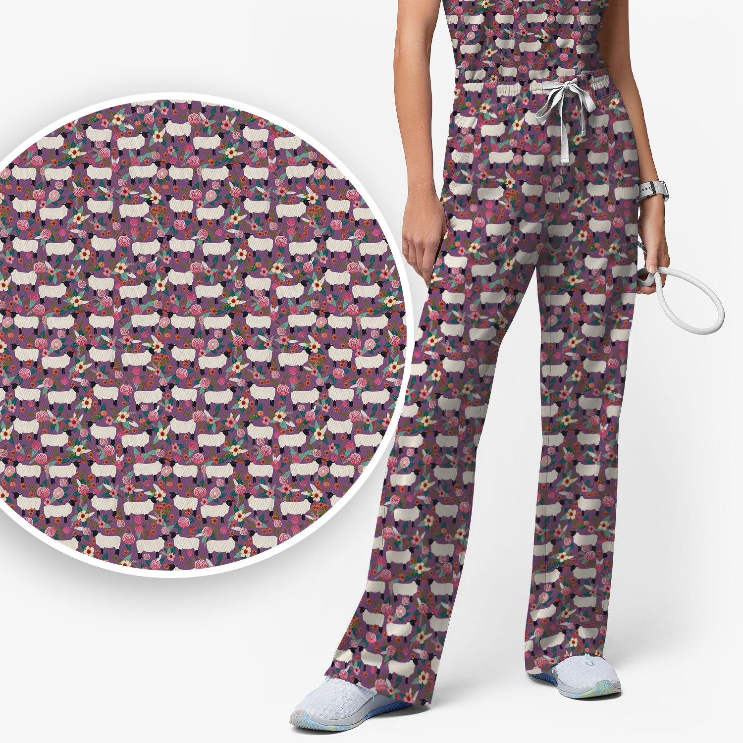 Cute Sheep Floral Meadow Pattern Scrub Set, Nurse Uniform Scrubs Set