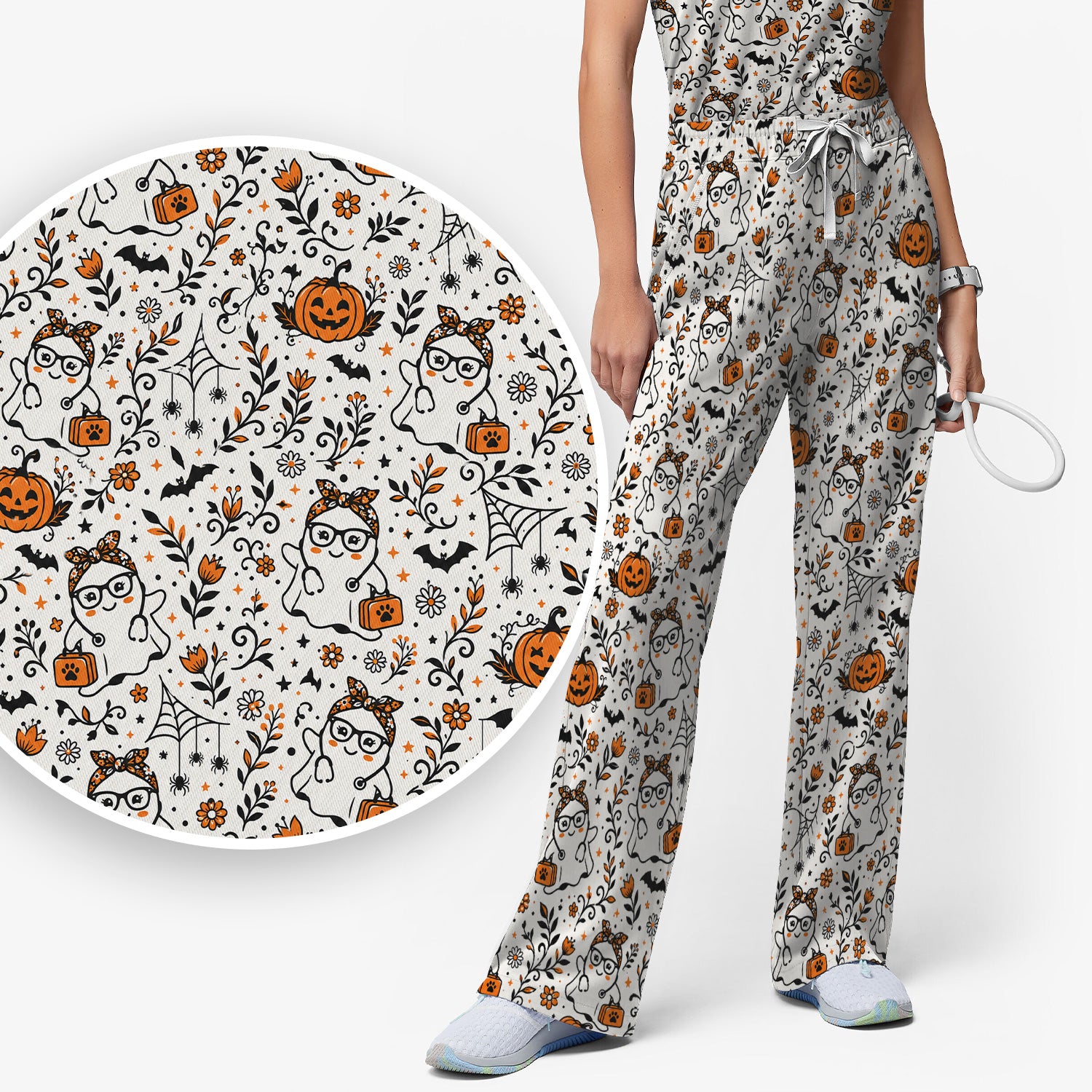 Cute Halloween Nurse Ghost And Pumpkins Scrub Set, Scrub Pants and V Neck Top