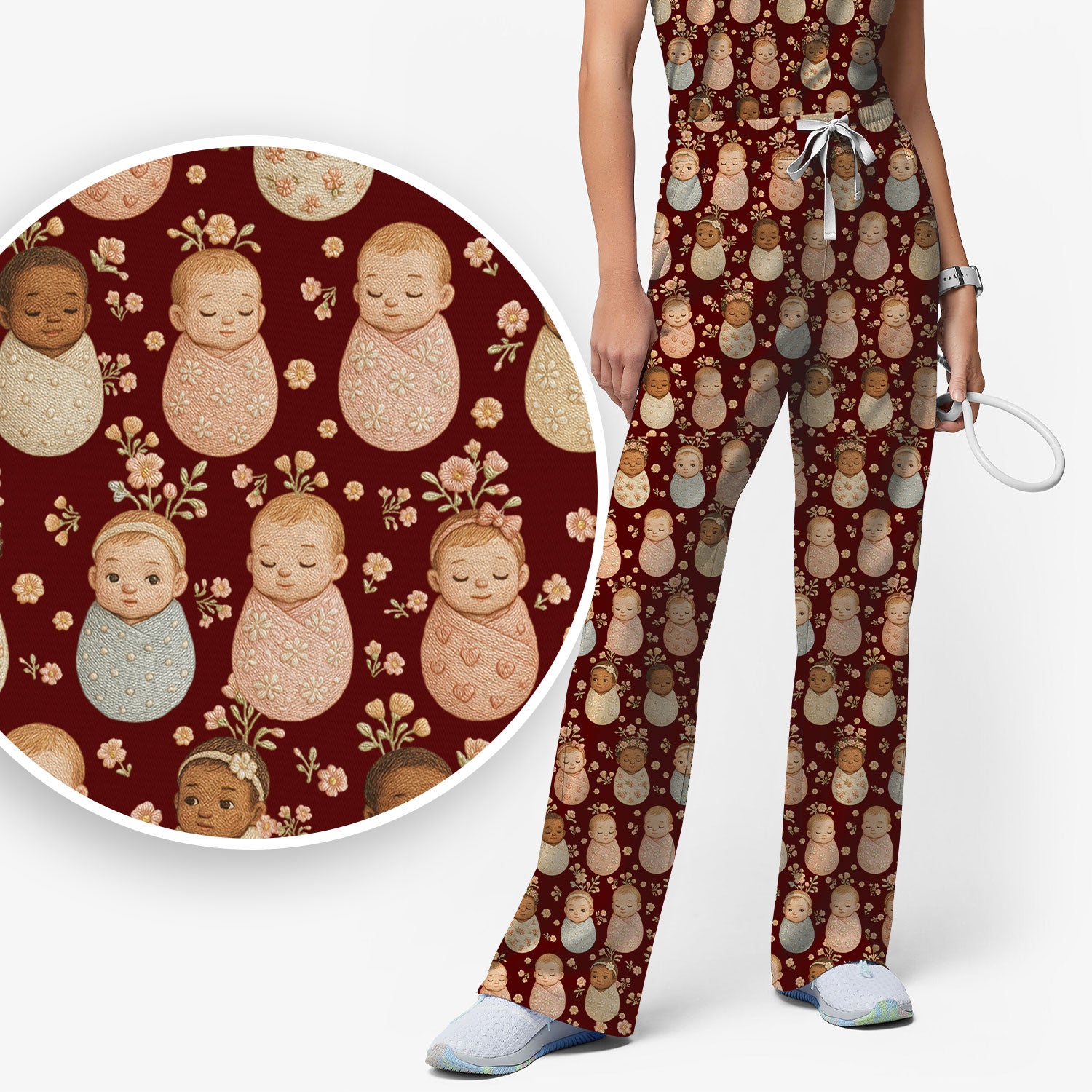 Sweet Newborn Baby Floral Print Women's Scrub Set, Breathable Med Uniform