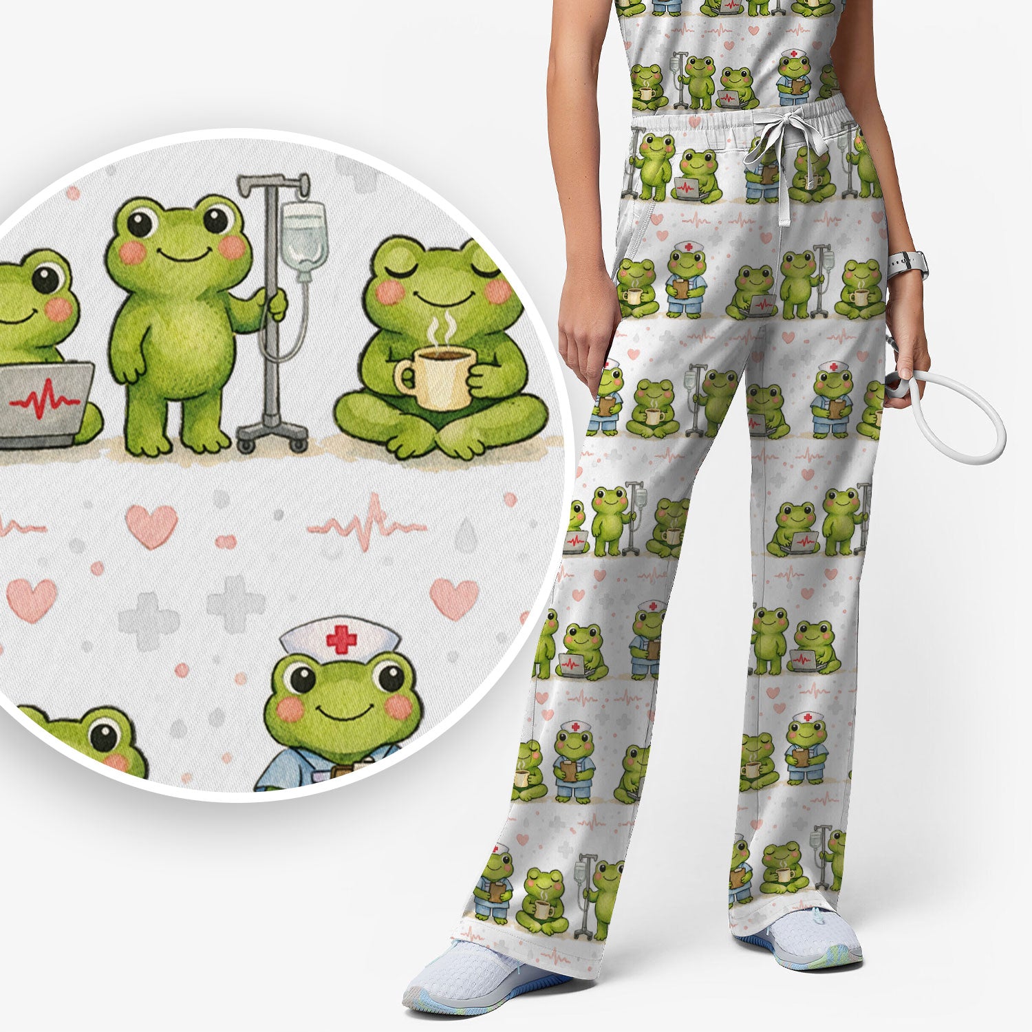 Adorable Frog Nurse Various Poses Print Scrub Set, Breathable Med Uniform