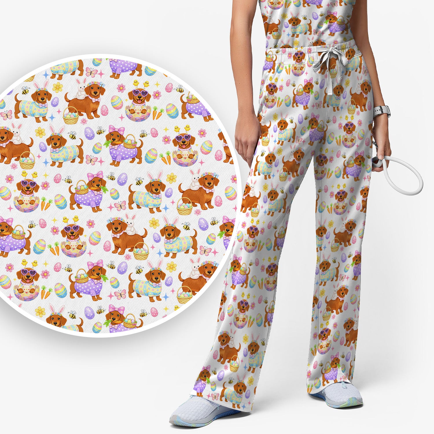 Cute Easter Dachshund Dog Pattern Scrub Set, Scrub Pants and V Neck Top