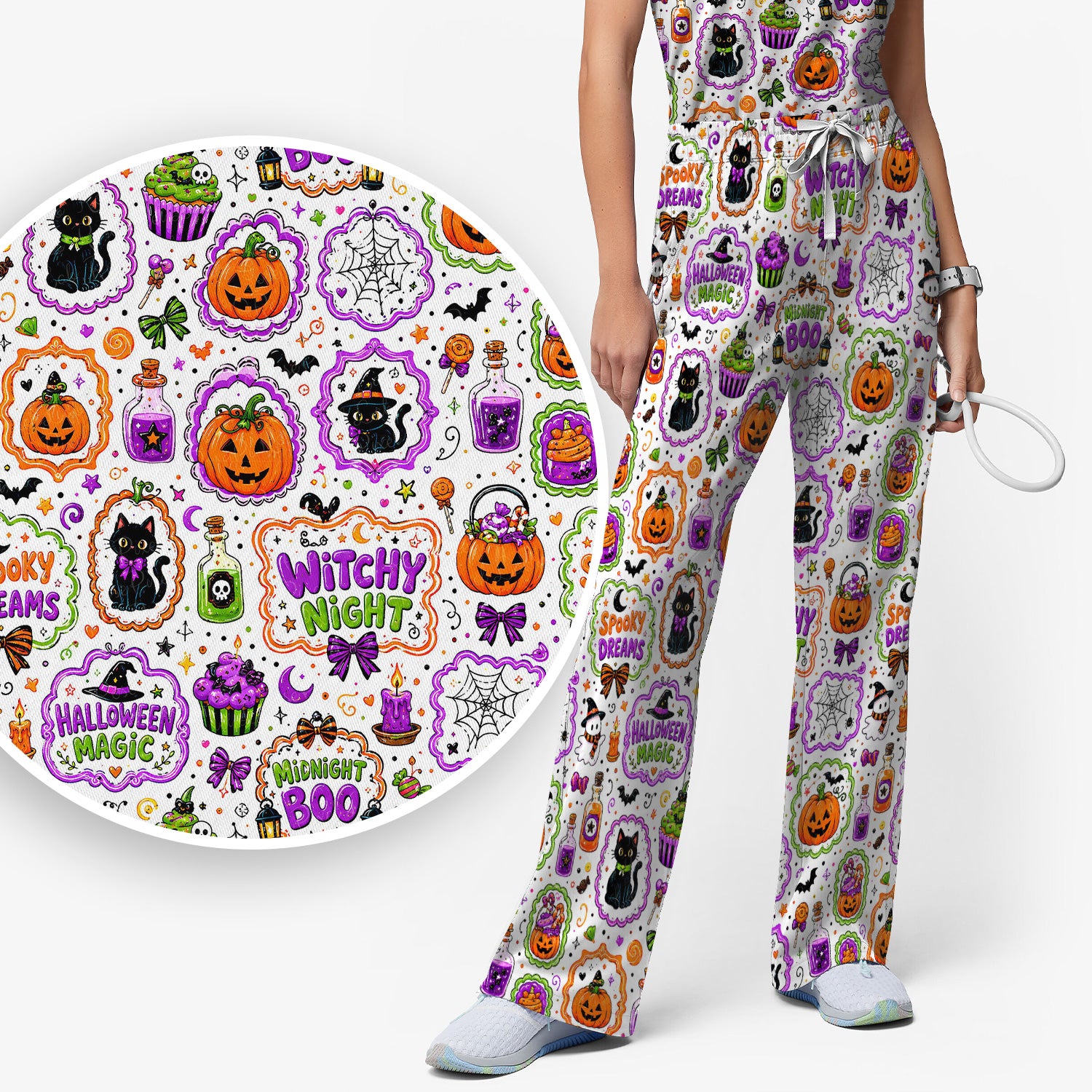 Witchy Halloween Magic And Pumpkins Scrub Set, Scrub Pants and V Neck Top