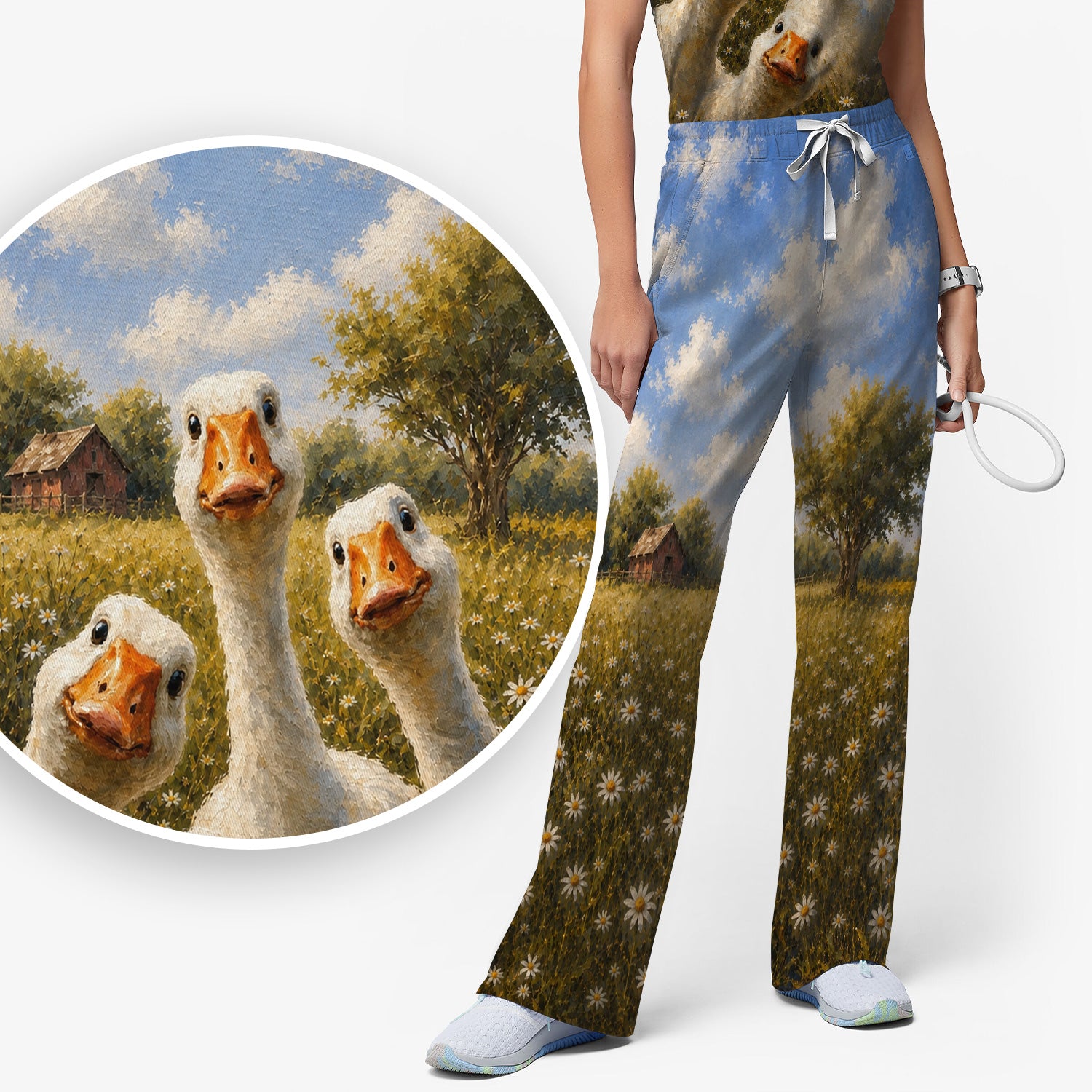 Cute Farmhouse Goose Meadow Pattern Scrub Set, Scrub Pants and V Neck Top