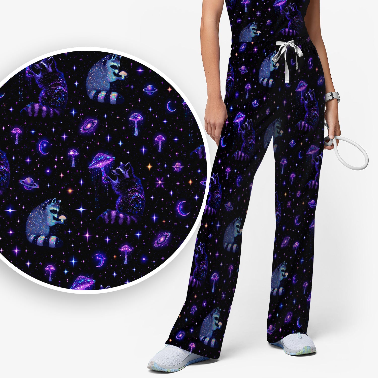 Cute Raccoon Mushroom Galaxy Pattern Scrub Set, Scrub Pants and V Neck Top