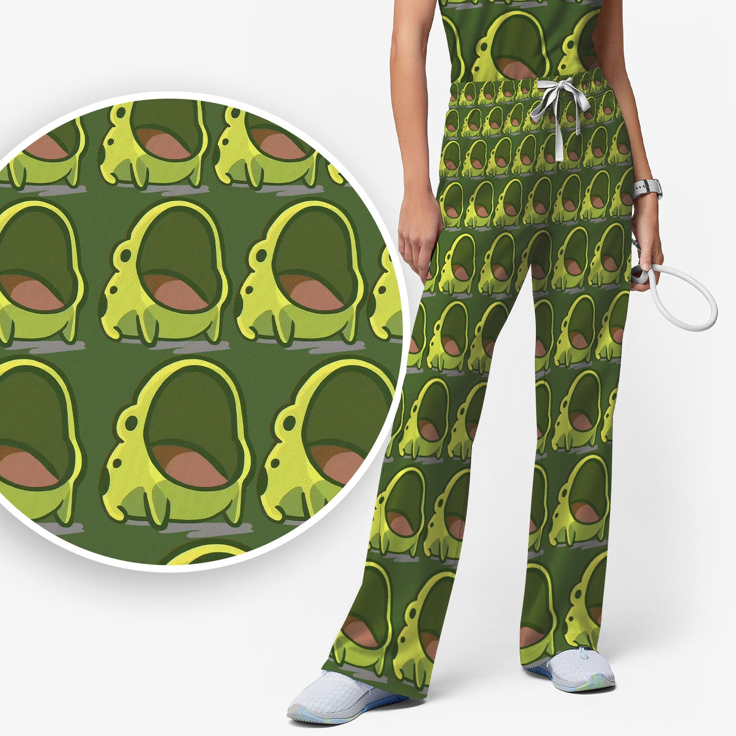 Cute Green Frog Cartoon Print Scrub Set, Scrub Pants and V Neck Top