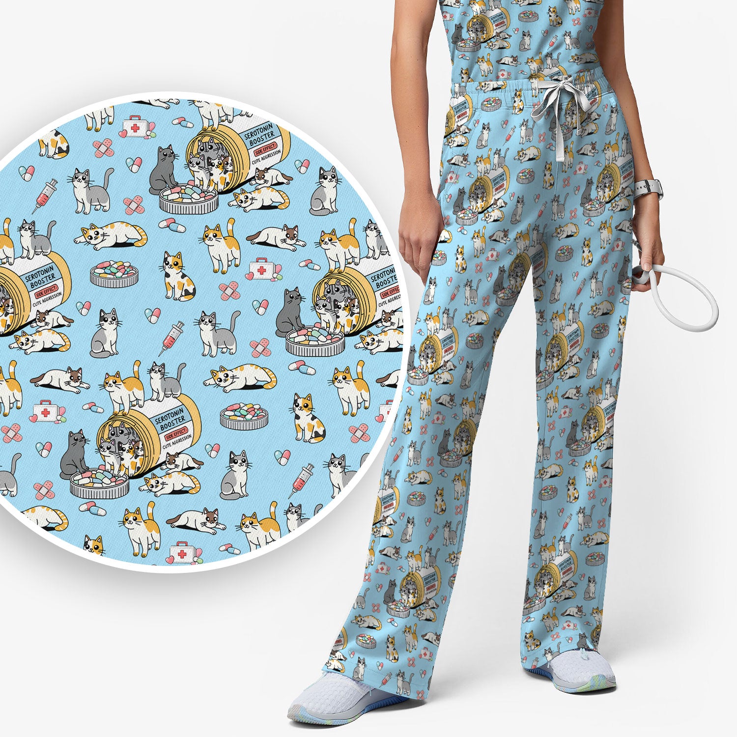 Cute Cat Serotonin Booster Pattern Women's Scrub Set, Breathable Med Uniform
