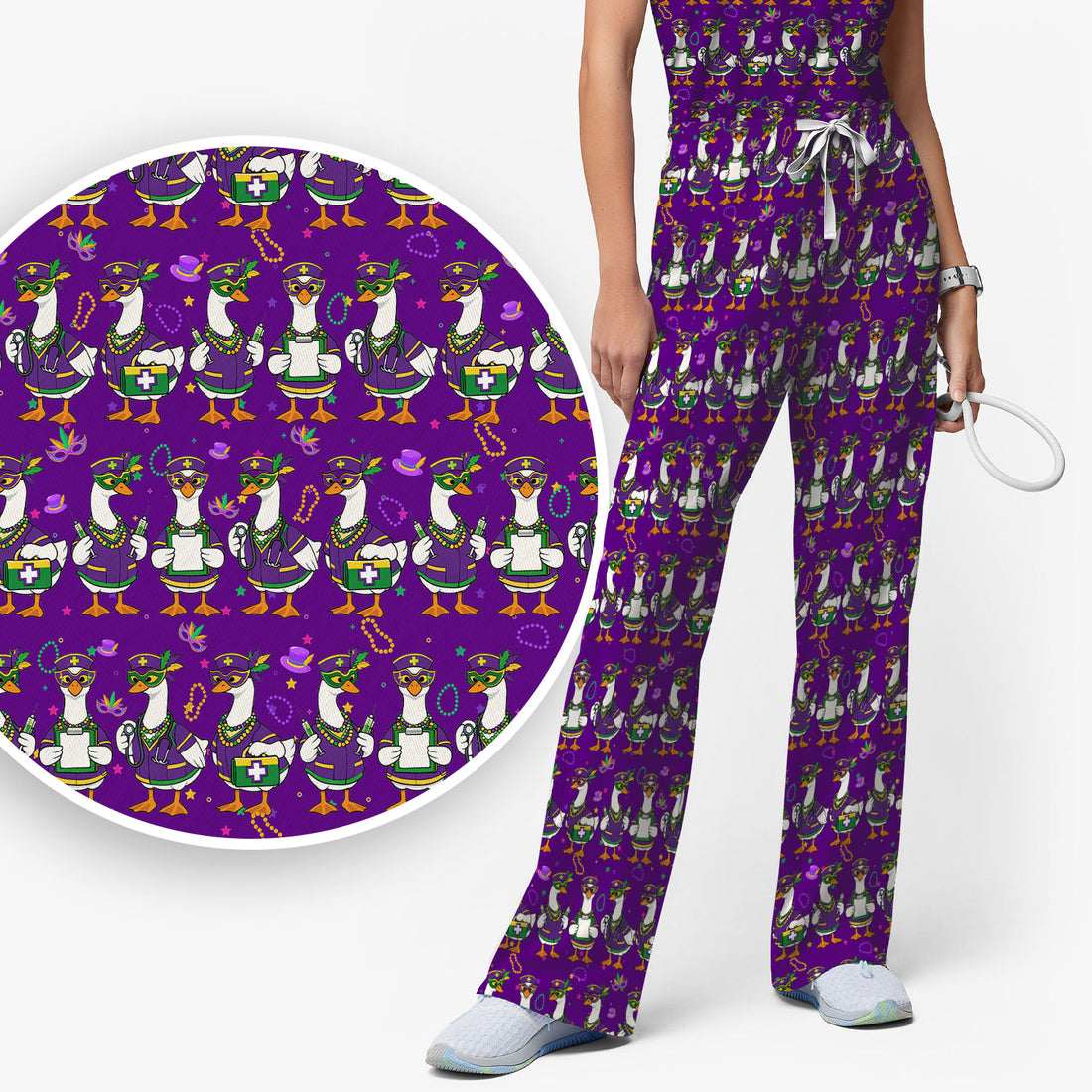 Mardi Gras Nurse Goose Scrub Set, Purple Carnival Parade Medical Pattern Nurse Shirt, Breathable Fabrics Nursing Uniform