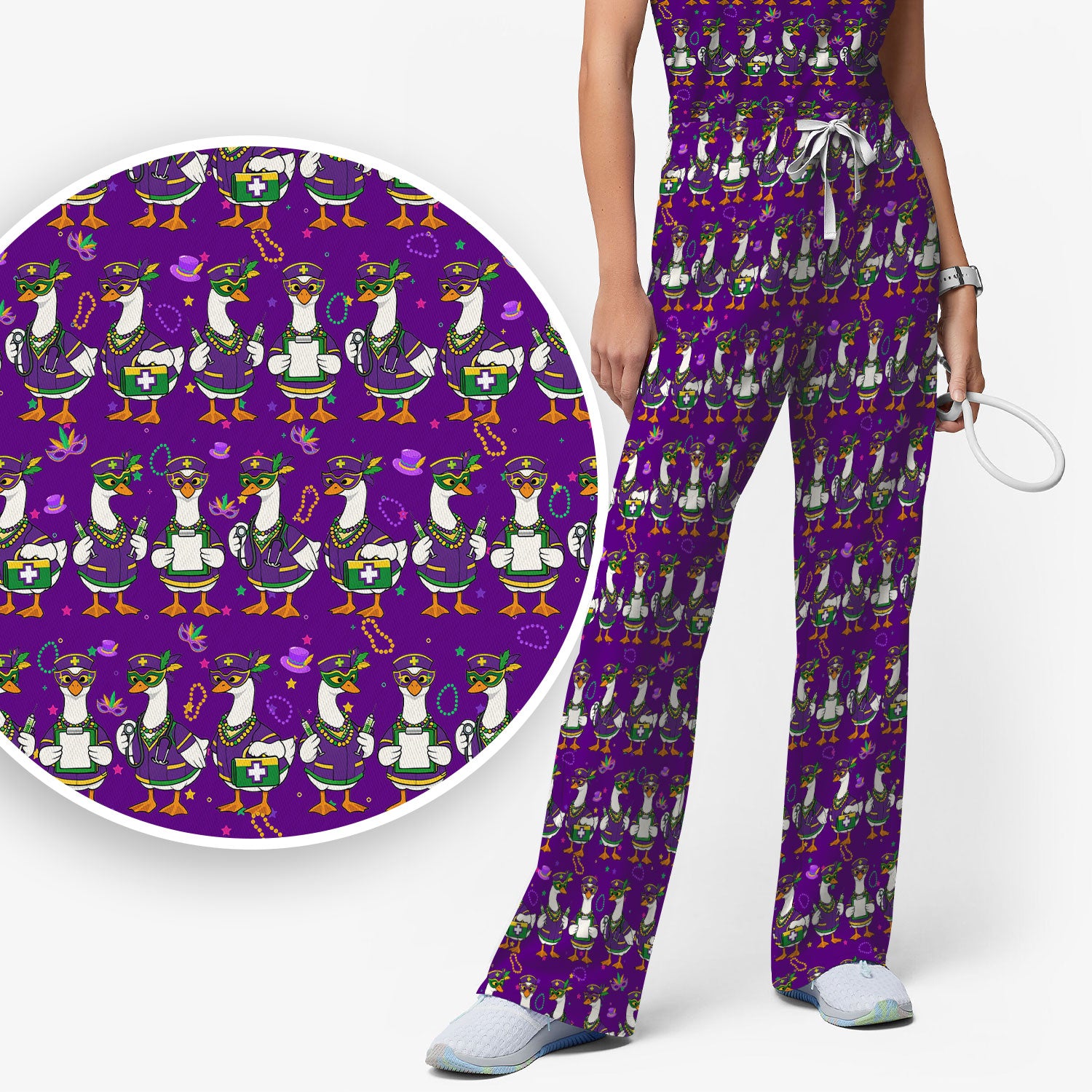 Mardi Gras Nurse Goose Scrub Set, Purple Carnival Parade Medical Pattern Nurse Shirt, Breathable Fabrics Nursing Uniform
