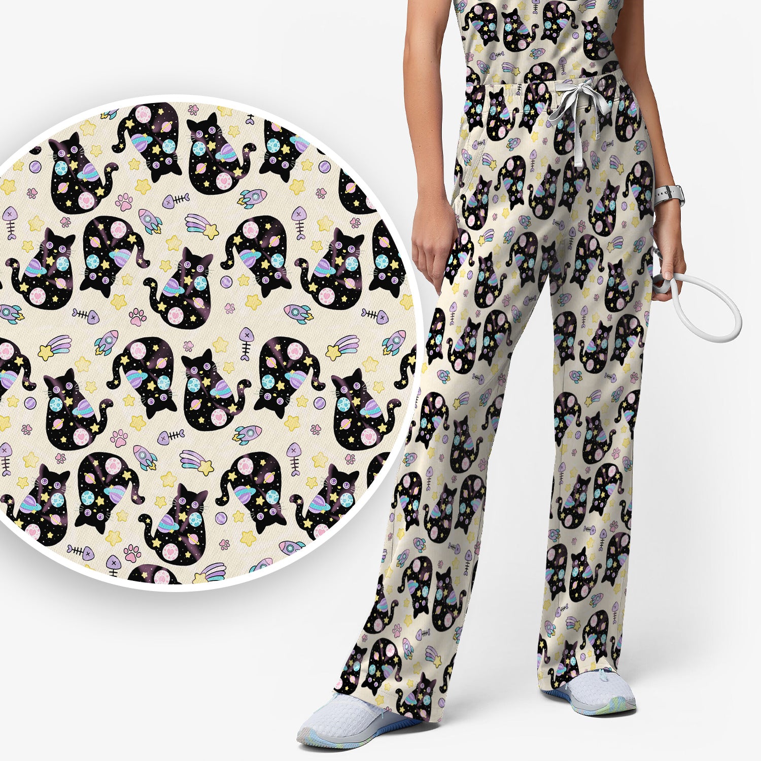 Galaxy Black Cat Space Pattern Scrub Top, Breathable Fabrics Nursing Uniform