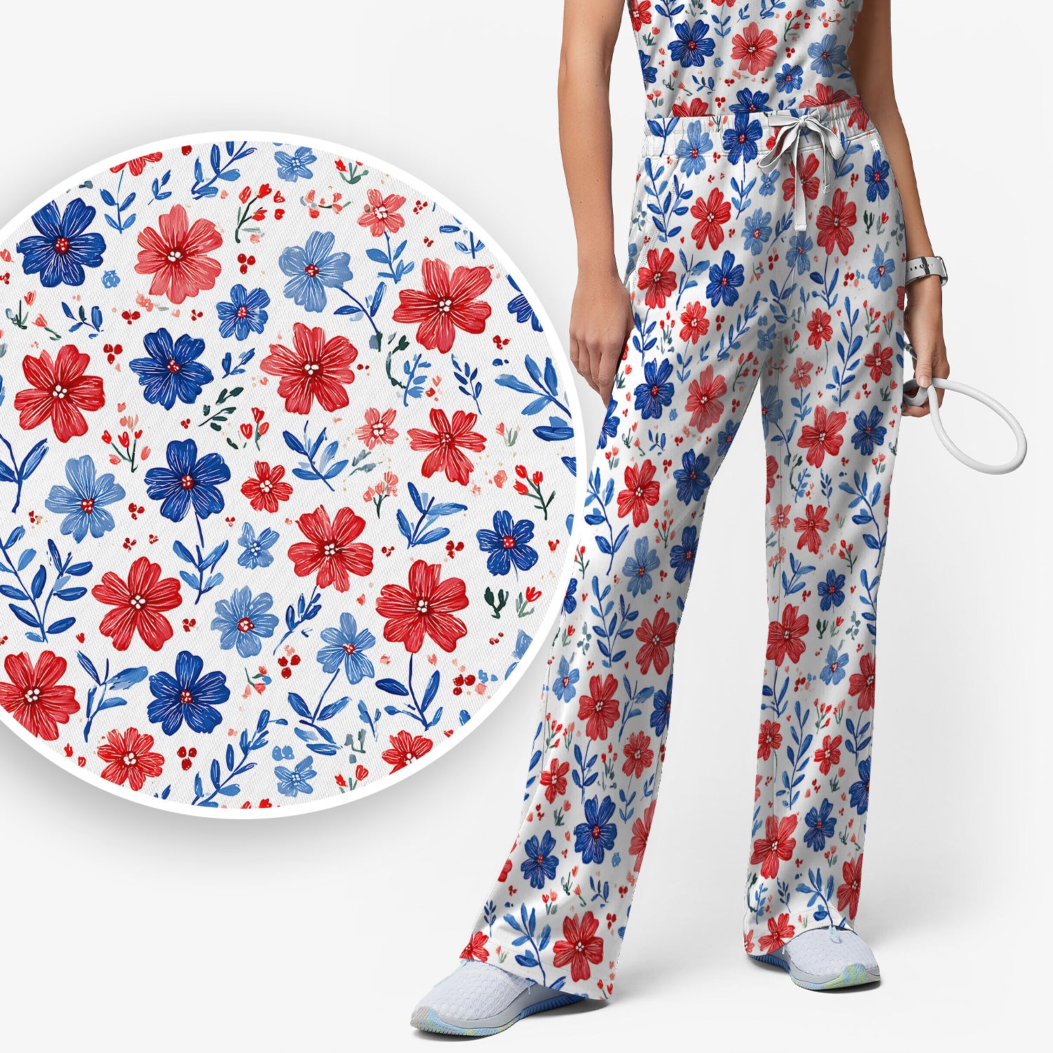 Patriotic Red White Blue Floral Print Scrub Set, Scrub Pants and V Neck Top