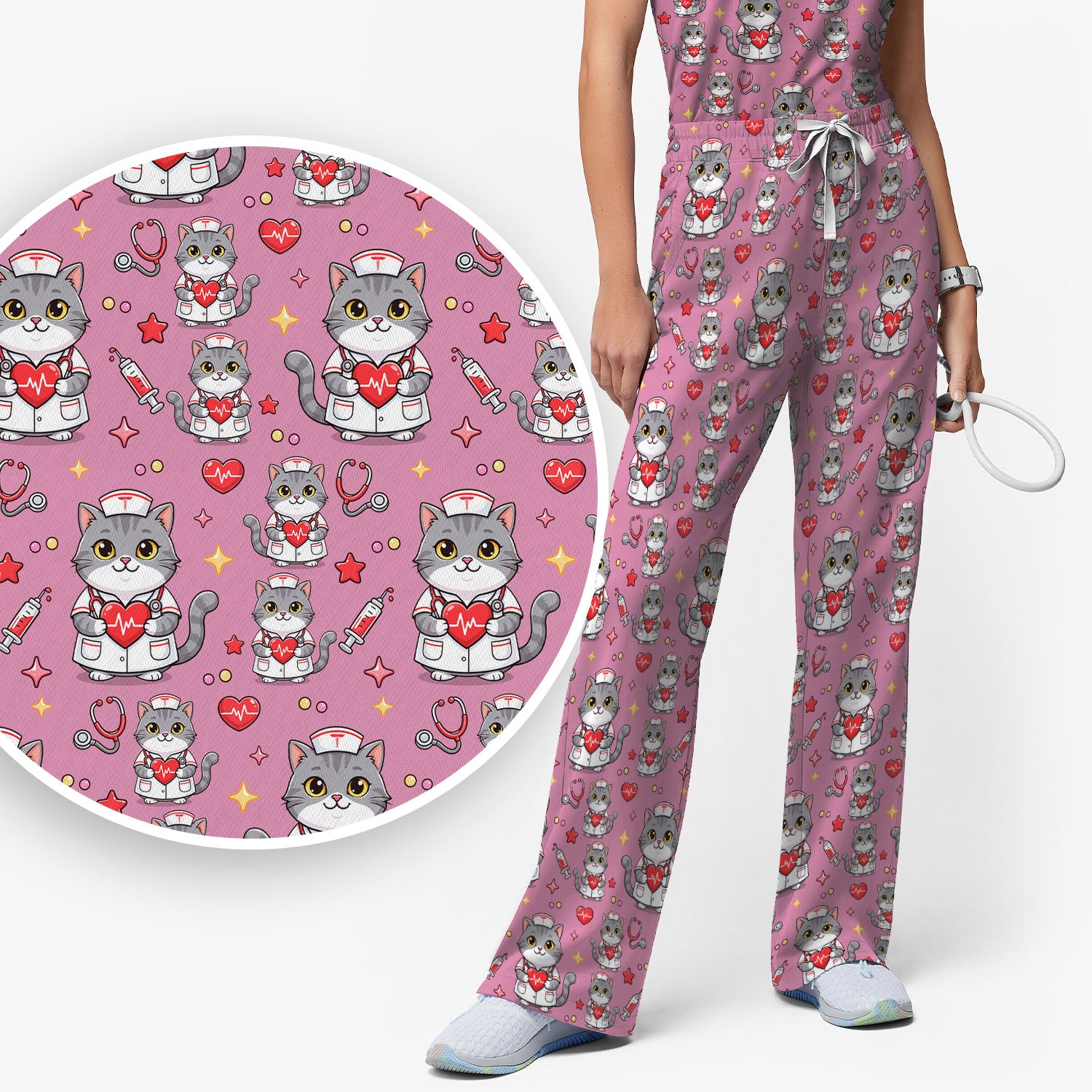 Cute Nurse Cat Heart Medical Print Scrub Set, Scrub Pants and V Neck Top