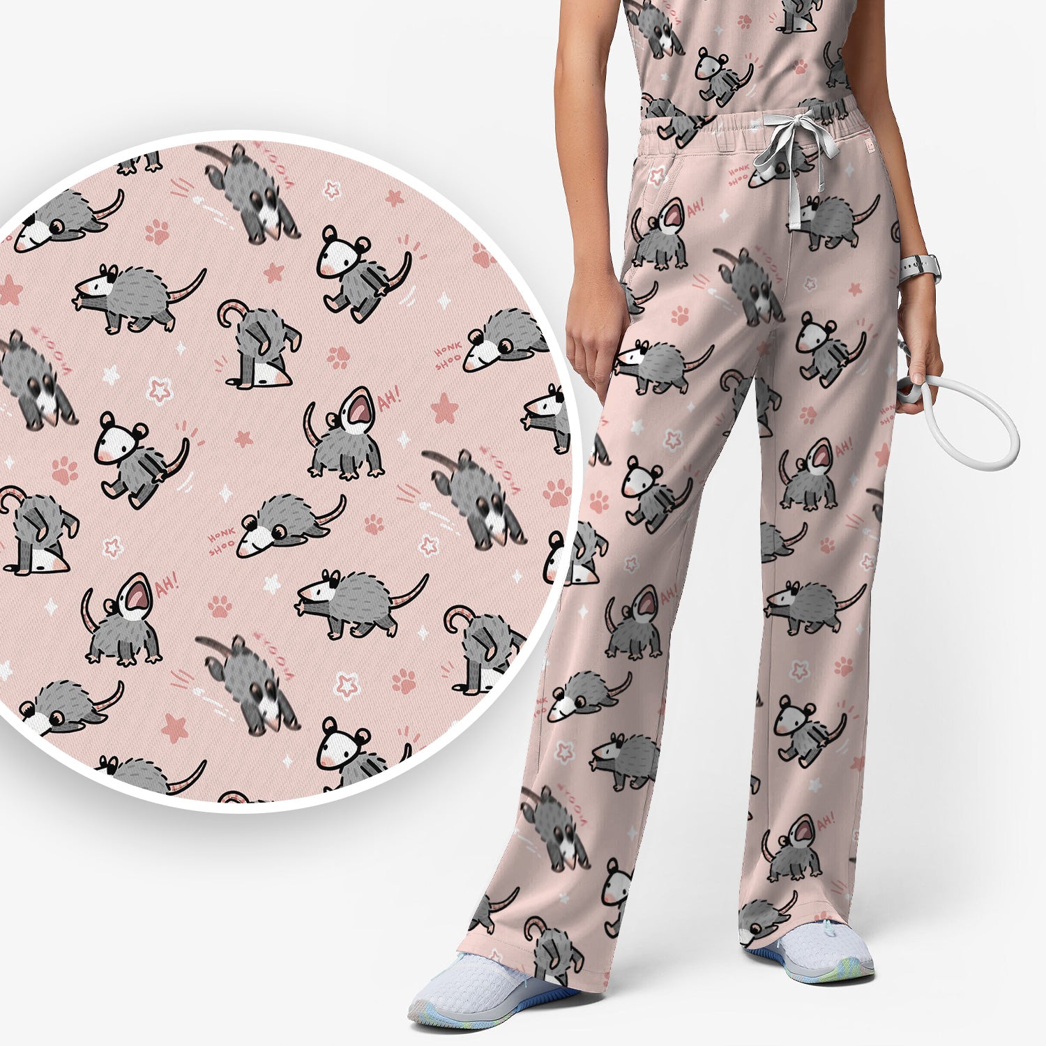 Playful Cartoon Opossum Character Pattern Scrub Set, Women's Scrub Sets