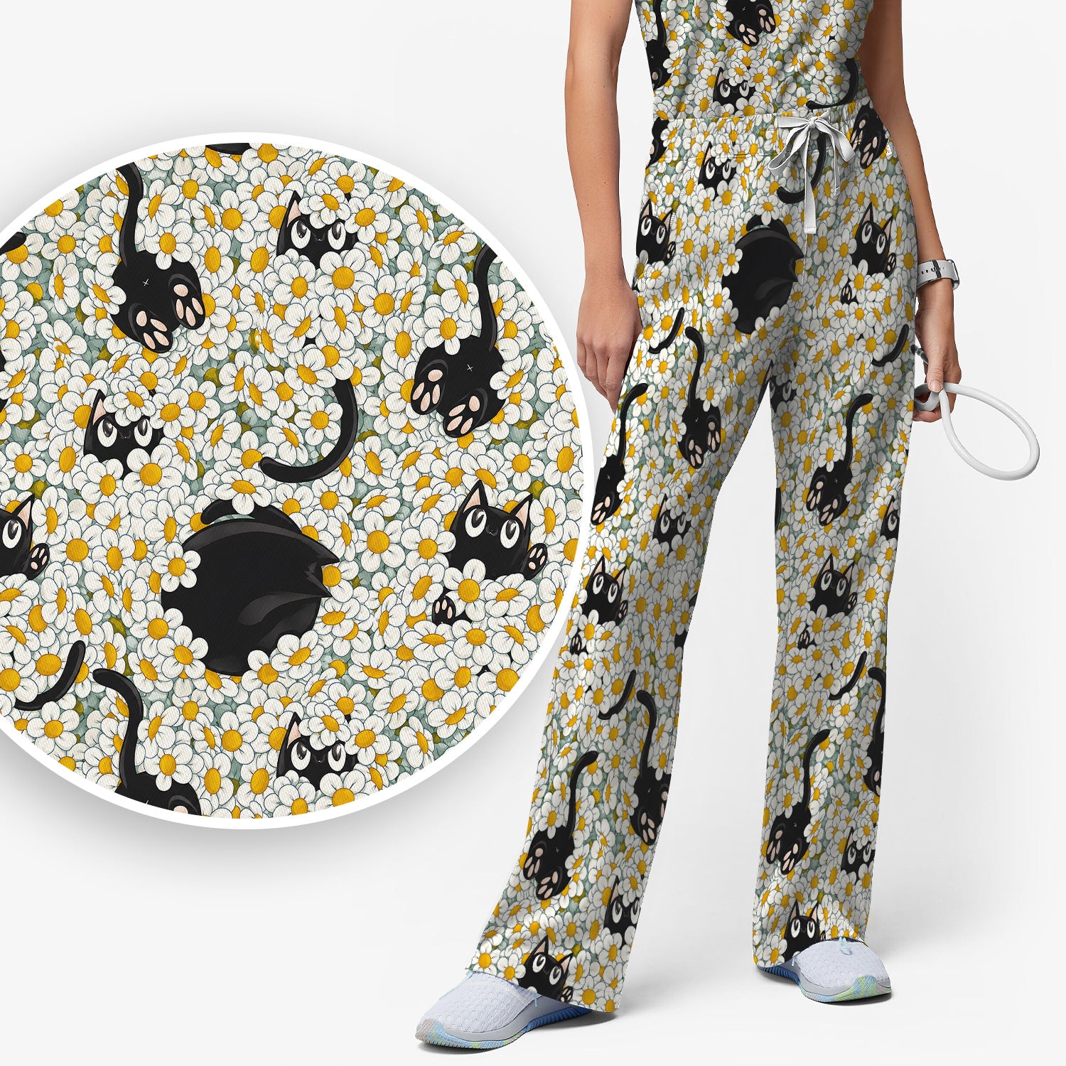 Daisy Black Cat Nurse Pattern Scrub Set, Scrub Pants and V Neck Top